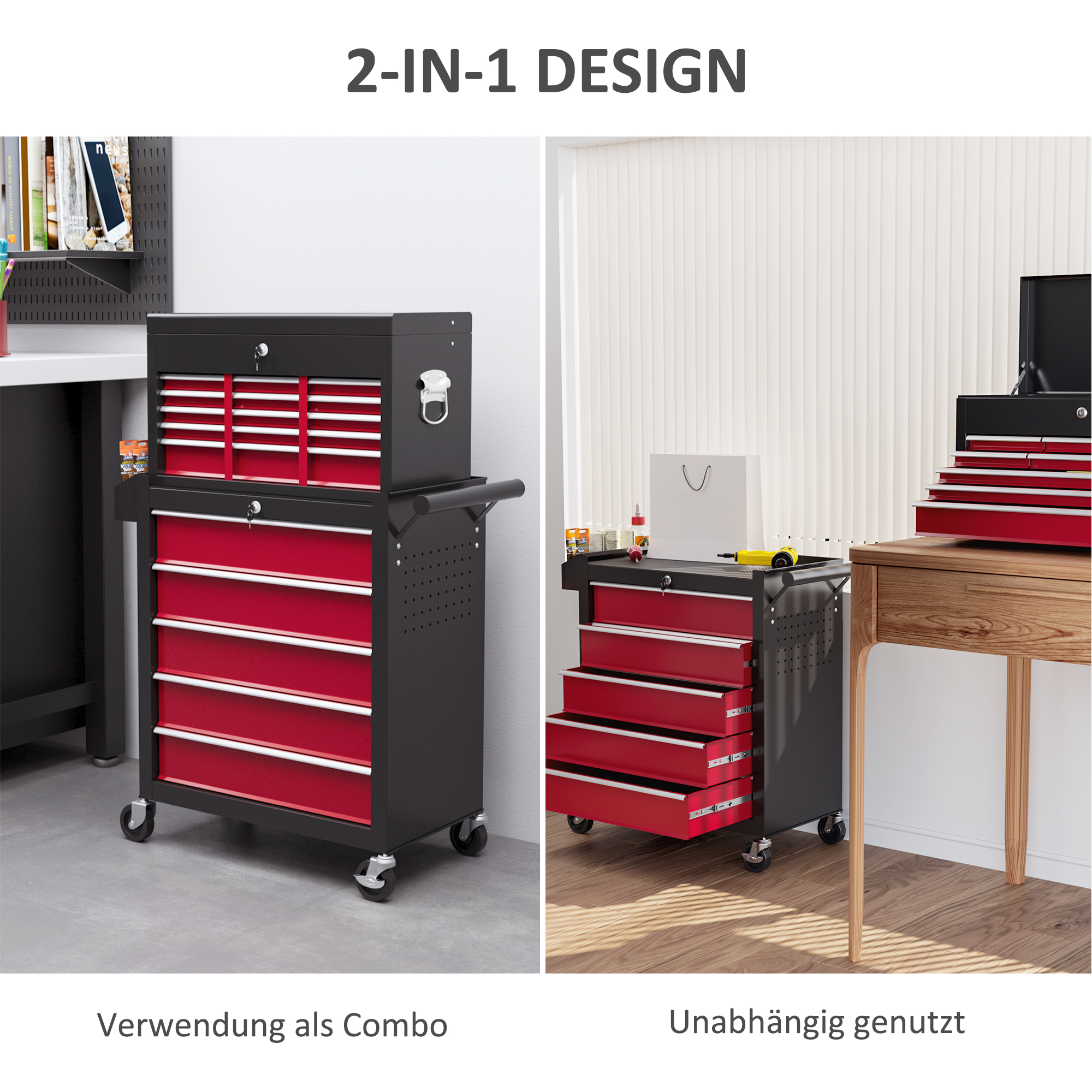 HOMCOM Gereedschapswagen, Tweedelig, Afsluitbaar, 14 Laden, Zijwand met Gaten, Staal, Rood