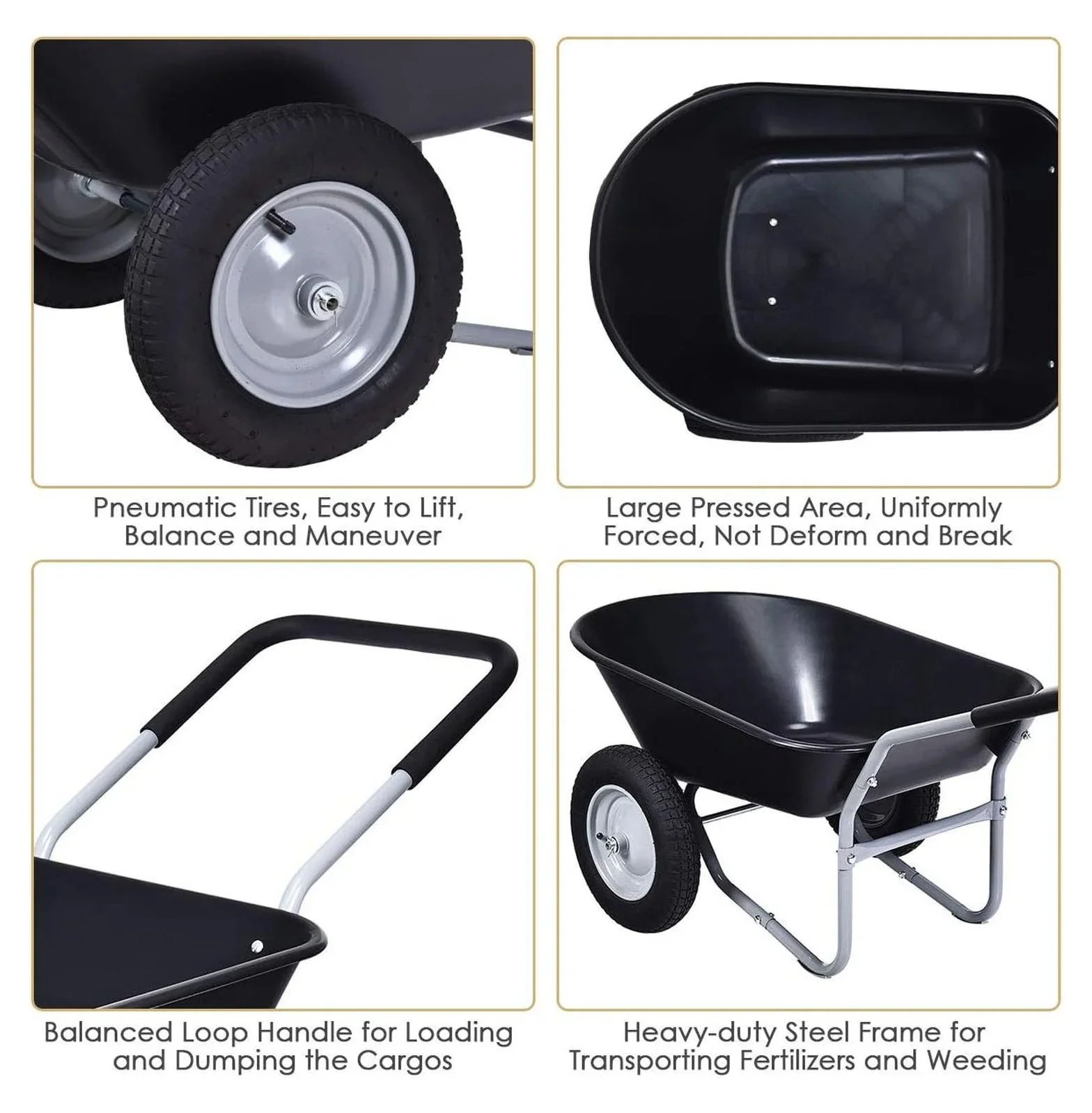 IRONMAX Garden Dual-Wheel Wheelbarrow, Heavy Duty Utility Yard Cart w/ 2x14���� All- Wheels & Built-in Stand, Wheel Barrow for Lawn, Yard, Farm, Gardening & Planting (Black)