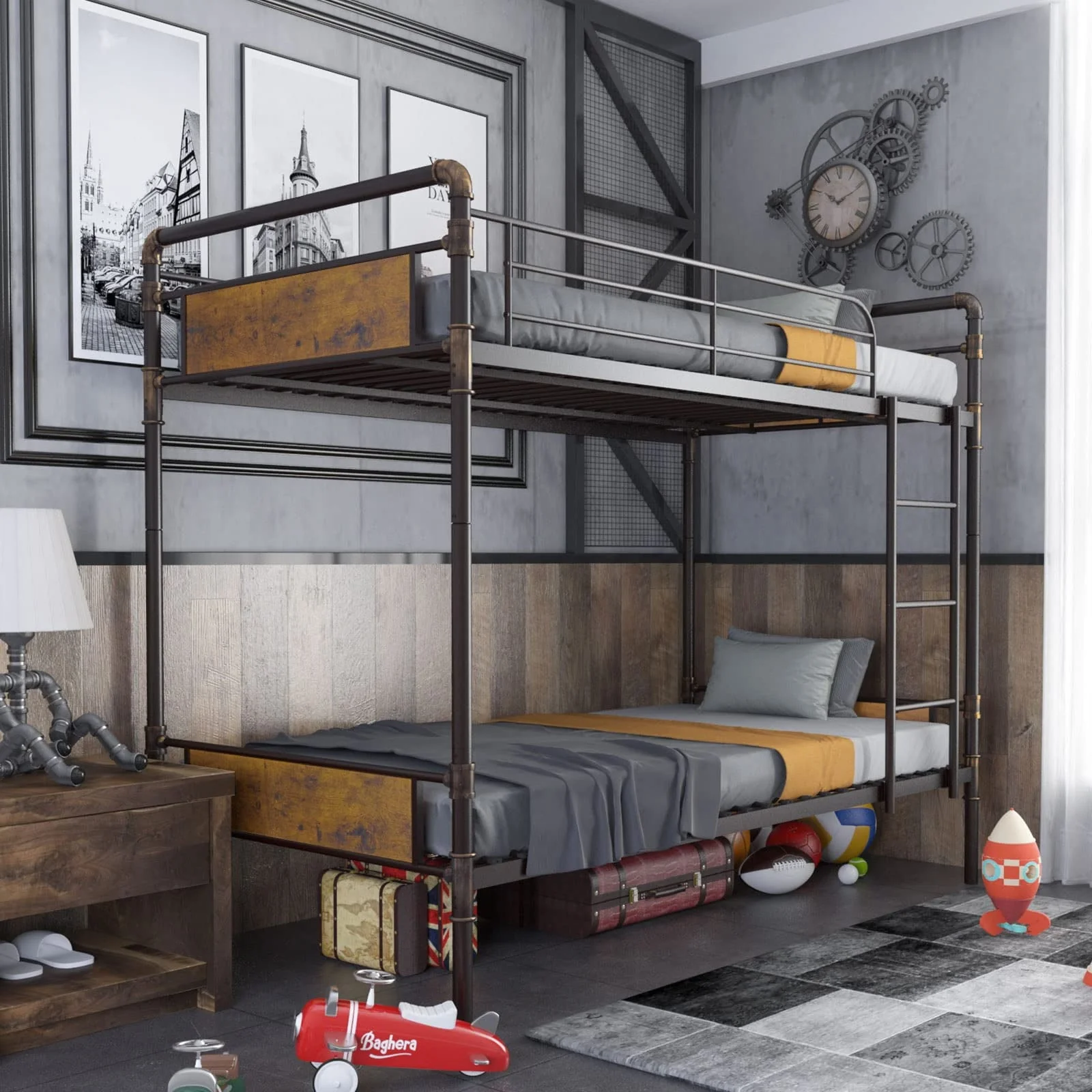 Alohappy Twin Over Twin Bunk Bed, Convertible Twin Bunk Beds Into 2 Individual Bed, Removable Ladder  Safety Guard Rail for Kids, Modern Industrial Style, Easy Assembly, No Box Spring Needed (Brown)
