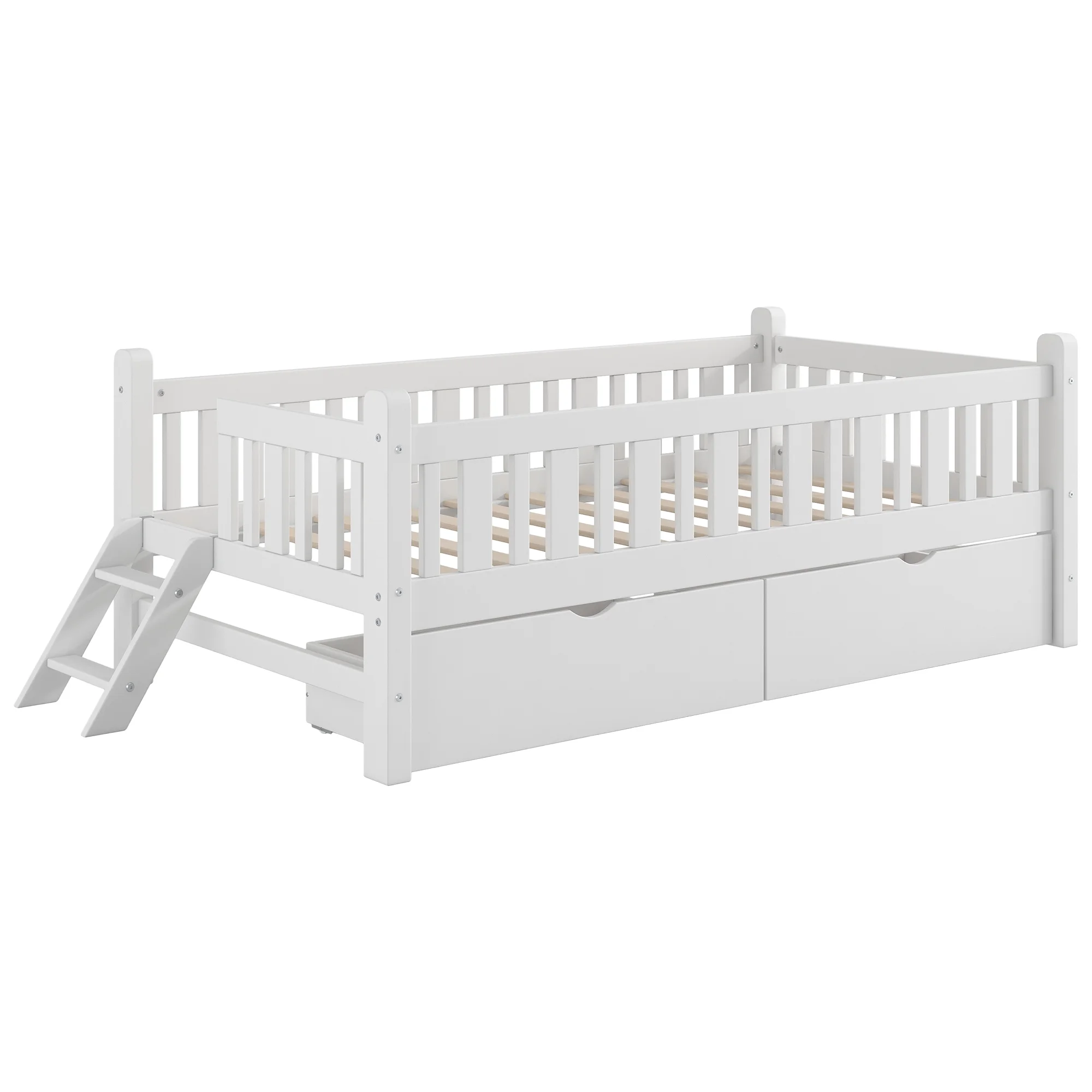 Wood Twin Size Platform Bed with 2 Drawers and Ladder for Kids and Toddlers, White(White) - Image 8
