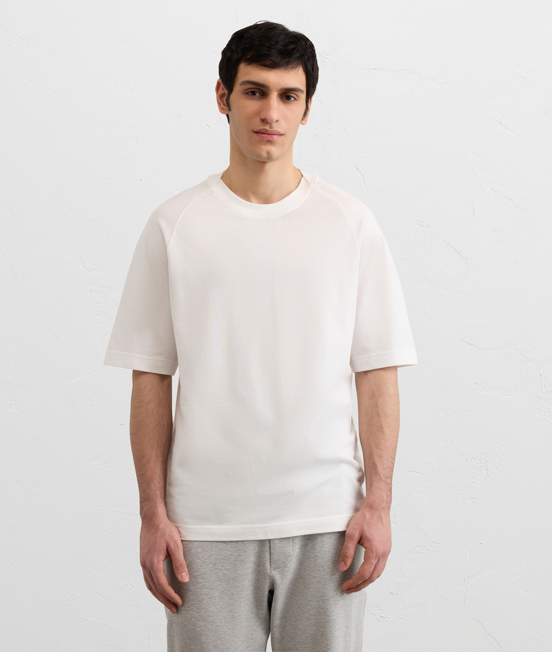 WHITE DOUBLE FACED COTTON JERSEY T SHIRT WITH SHORT RAGLAN SLEEVES