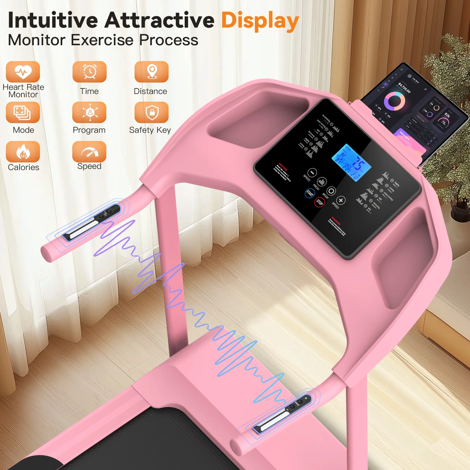 Treadmill with 8% Incline, 3.0 HP Foldable Compact Treadmill with Sit-up Function, 300 lbs Walking Running Treadmill with LCD Display for Exercise, 12 Programs(Pink-Upgraded) - Image 2