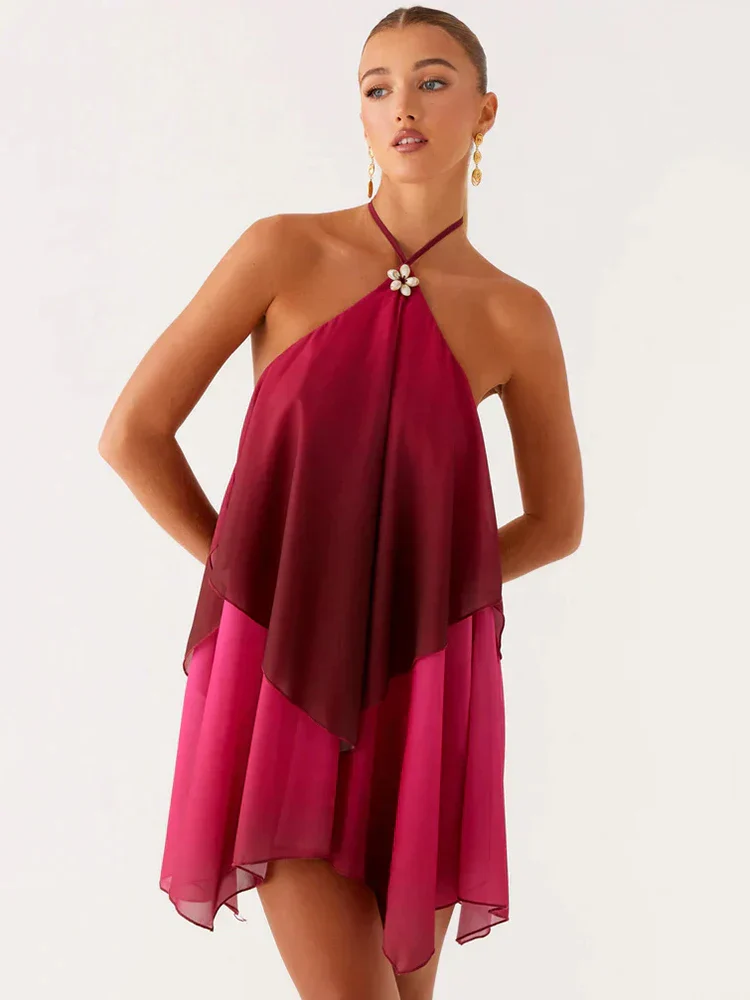 Robe courte à volants dégradé rose