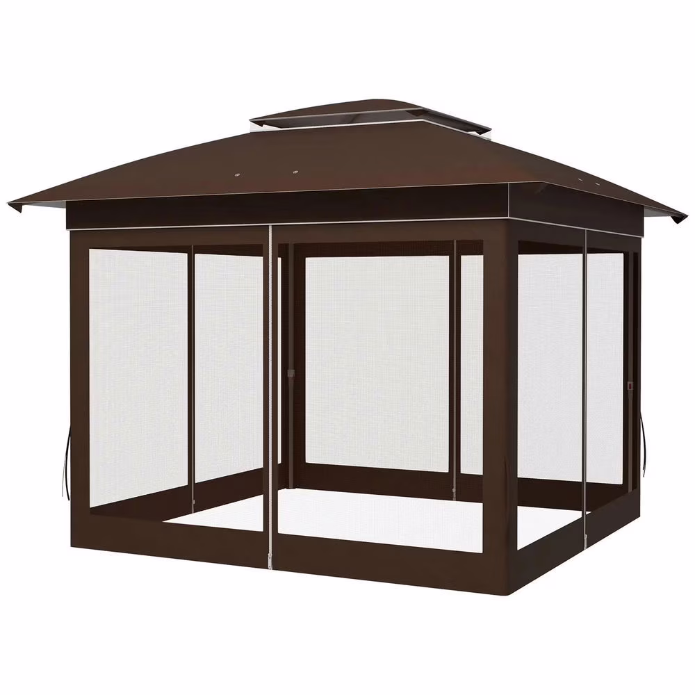 GVN Backyard Garden Canopy, Camping Canopy Screen Tent,12' x 12' Pop Up Canopy Tent with Netting and Carry Bag, Dark Brown