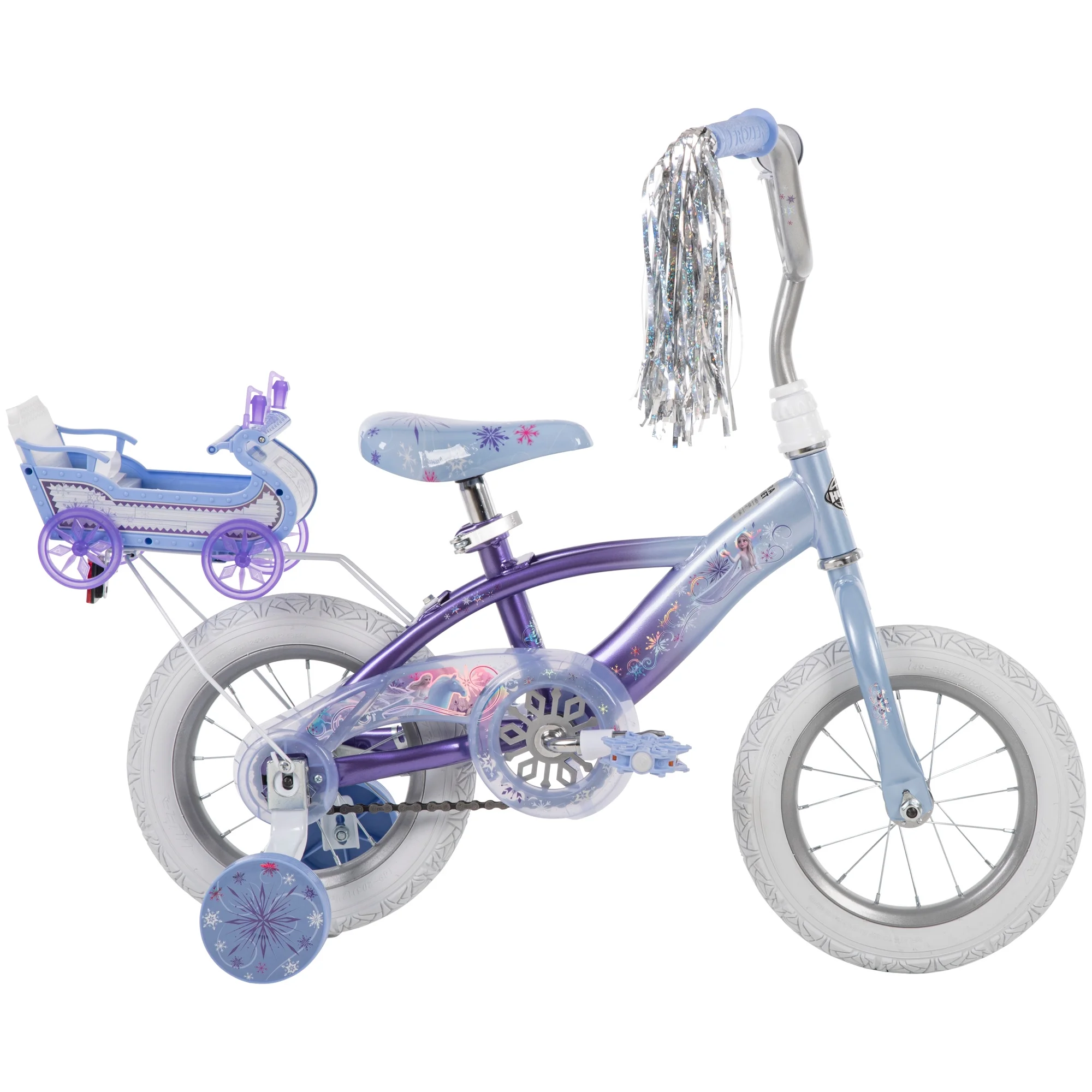 Frozen Bike with Doll Carrier Sleigh for Girl's, 12 In , White and Purple by