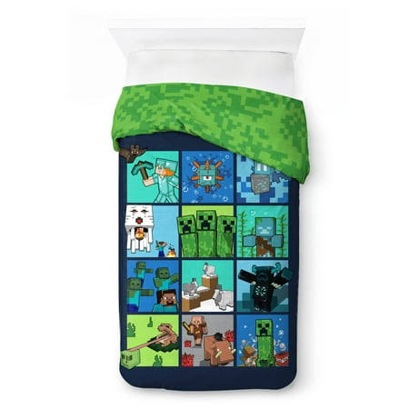 Minecraft Kids 2-Piece Twin/Full Reversible Comforter and Pillowcase Bedding Set, Microfiber, Green, Mojang, Multicolor