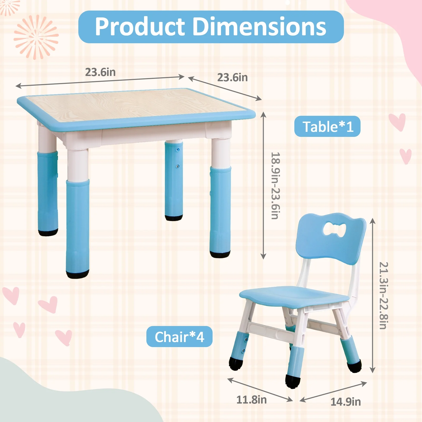 KATIDAP Kids Table and 4 Chairs Set, Height Adjustable Toddler Table and Chair Set, Graffiti Desktop, Classroom/Daycare/Home, Children Multi - Activity Table for Ages 2 - 8, Blue
