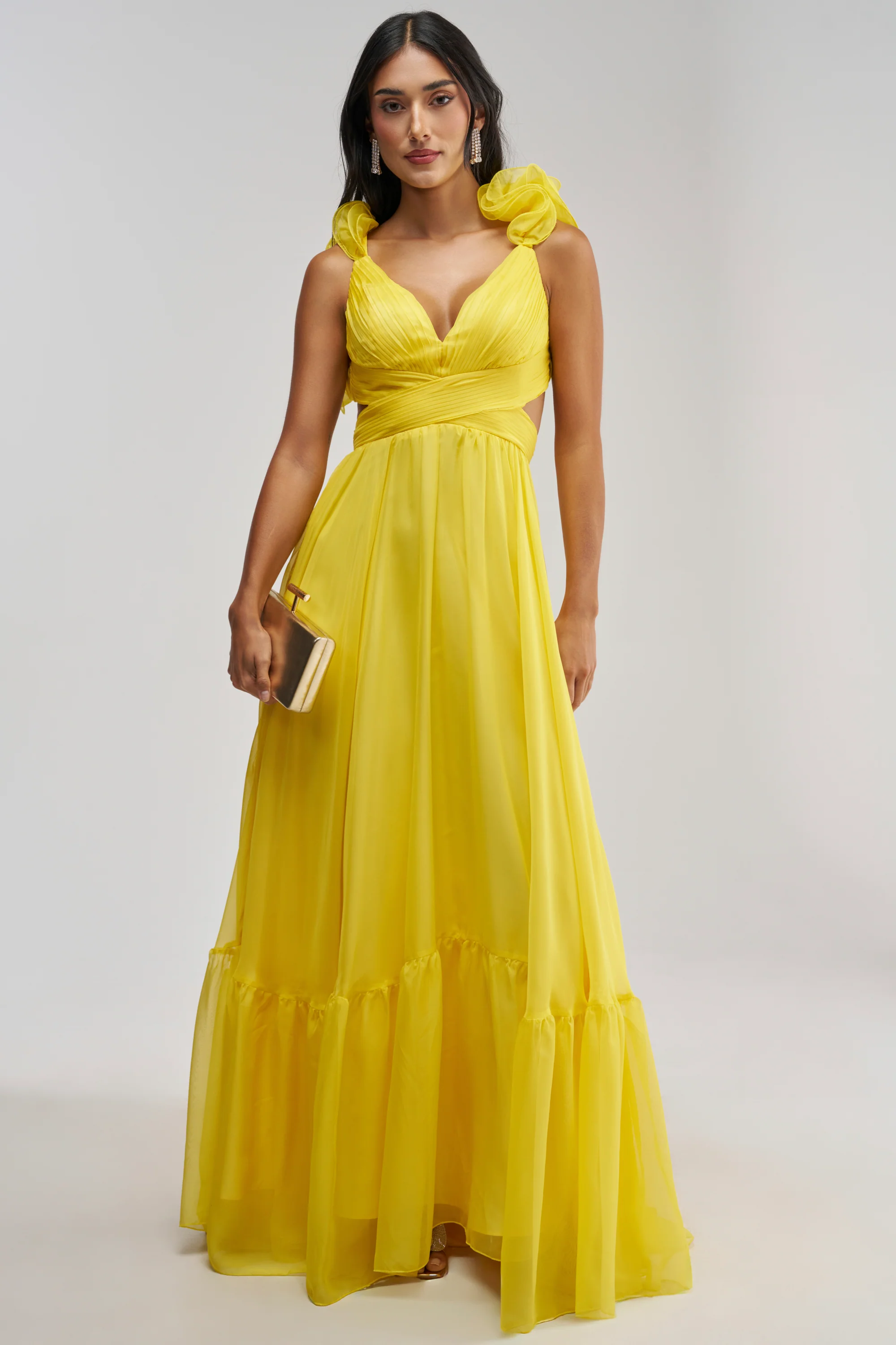 POPPING CHAMPAGNE CHIFFON MAXI DRESS IN YELLOW - Akira Store