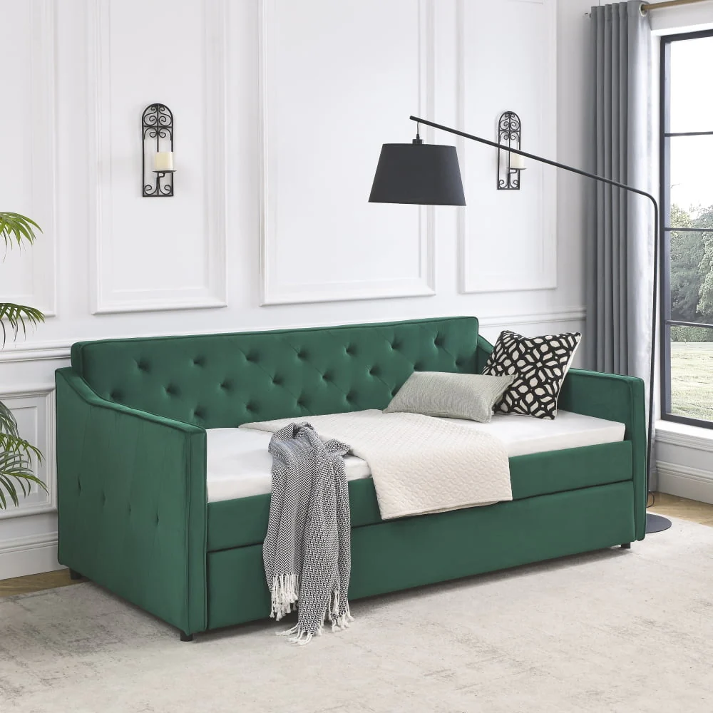Twin Size Daybed with Trundle, Modern Button Tufted Linen Upholstered Sofa Day Bed Frame with A Roll Out Trundle, Bedframe Furniture for Bedroom Living Room Guest Room,Green Image 3