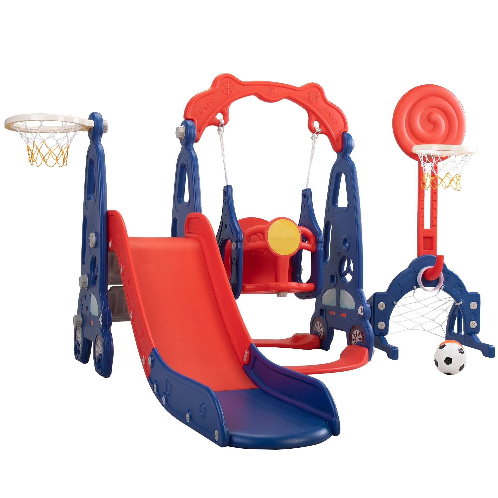 Kids - Gift! 5 in 1 Slide and Swing Playing Set, Toddler Extra - Long Slide with 2 Basketball Hoops, Football, Ringtoss, Indoor Outdoor