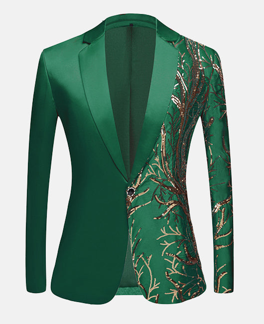 Blazer glamour à un bouton, orné de broderies unies, d'imprimés de branches dorées et de sequins.