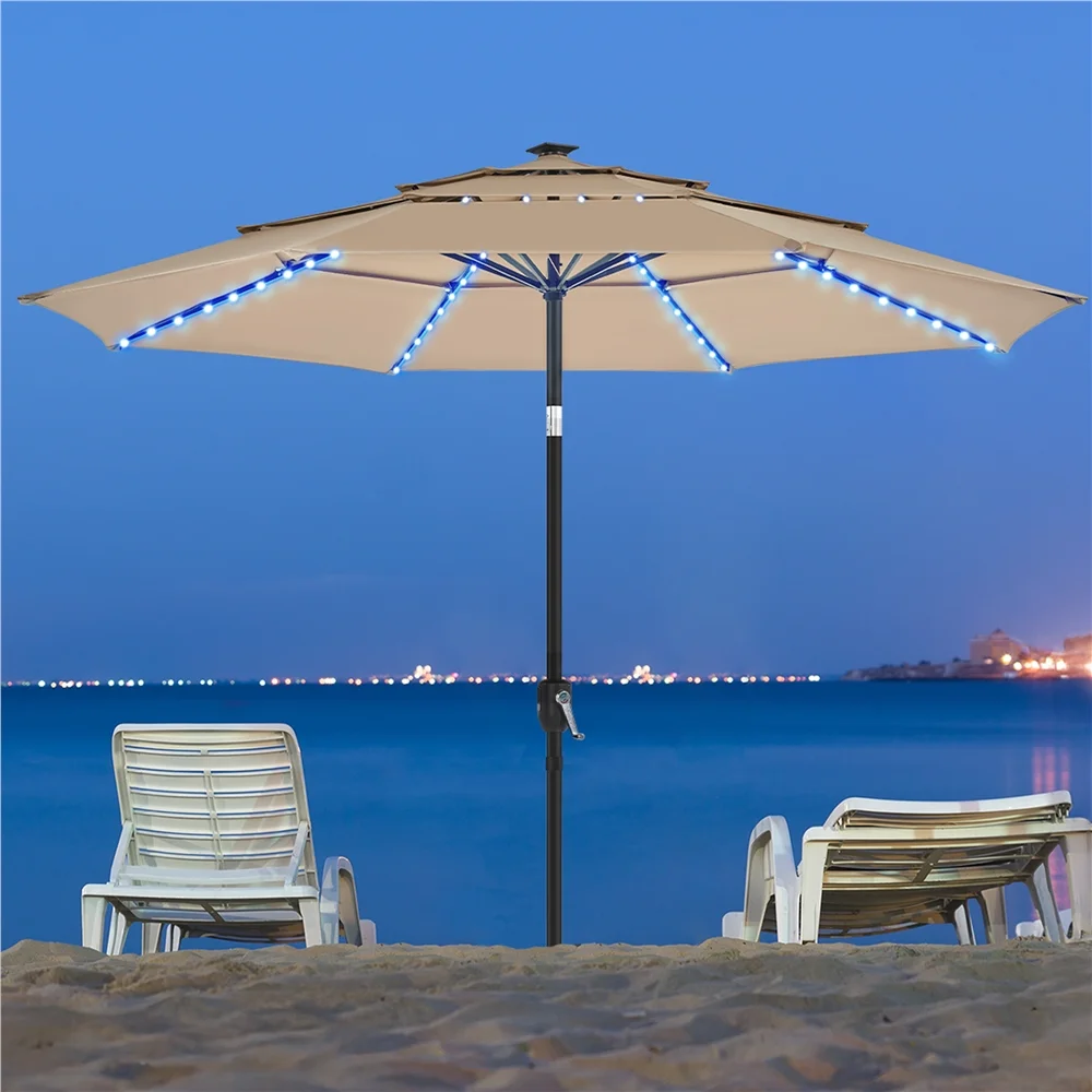 10 Ft Outdoor Patio Parasol with Color-Changing LED Strip, Tan(Beige) - Image 4
