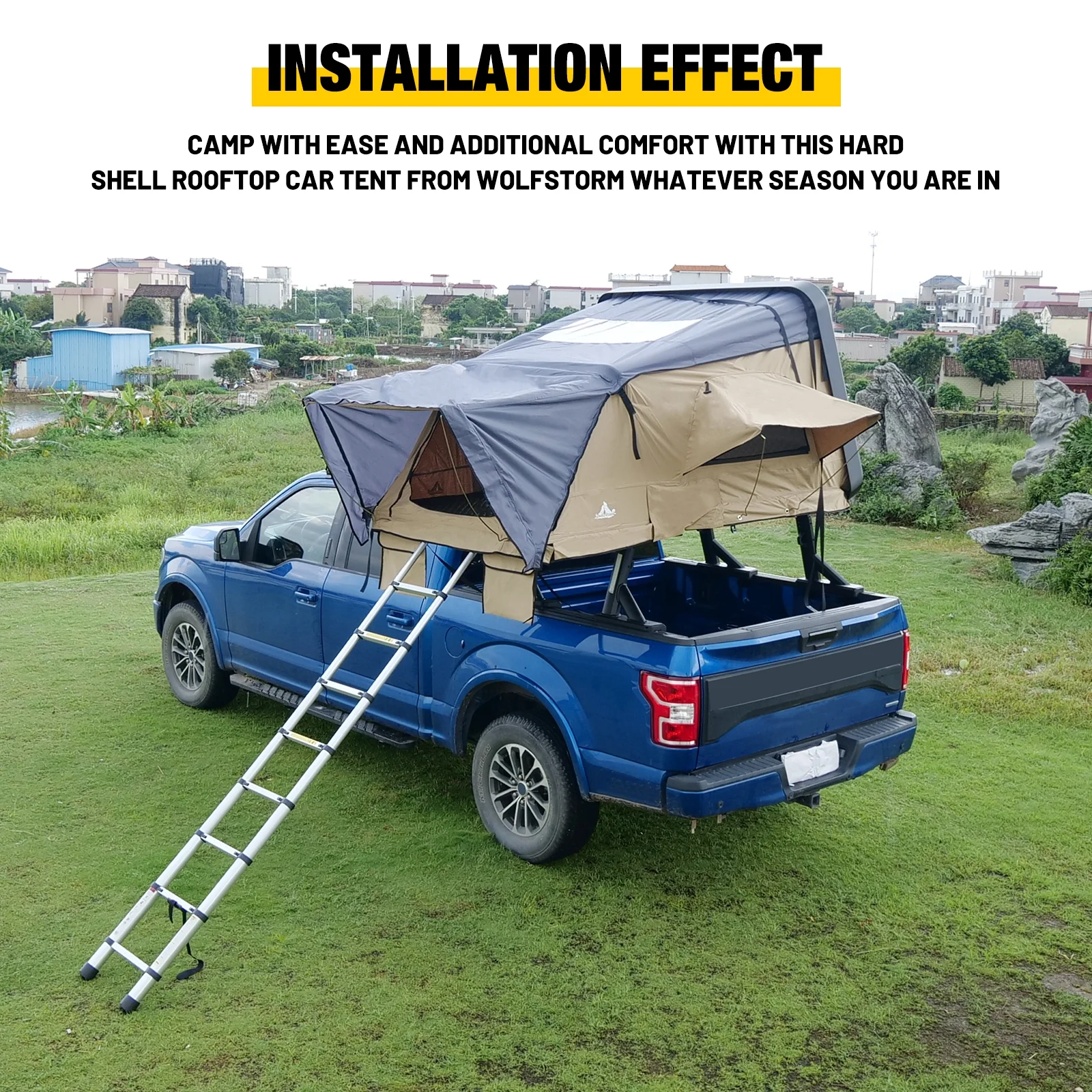 Hardshell Rooftop Tent, 2-3 Person, Khaki, Waterproof, 143.3 lbs(Khaki) - Image 4