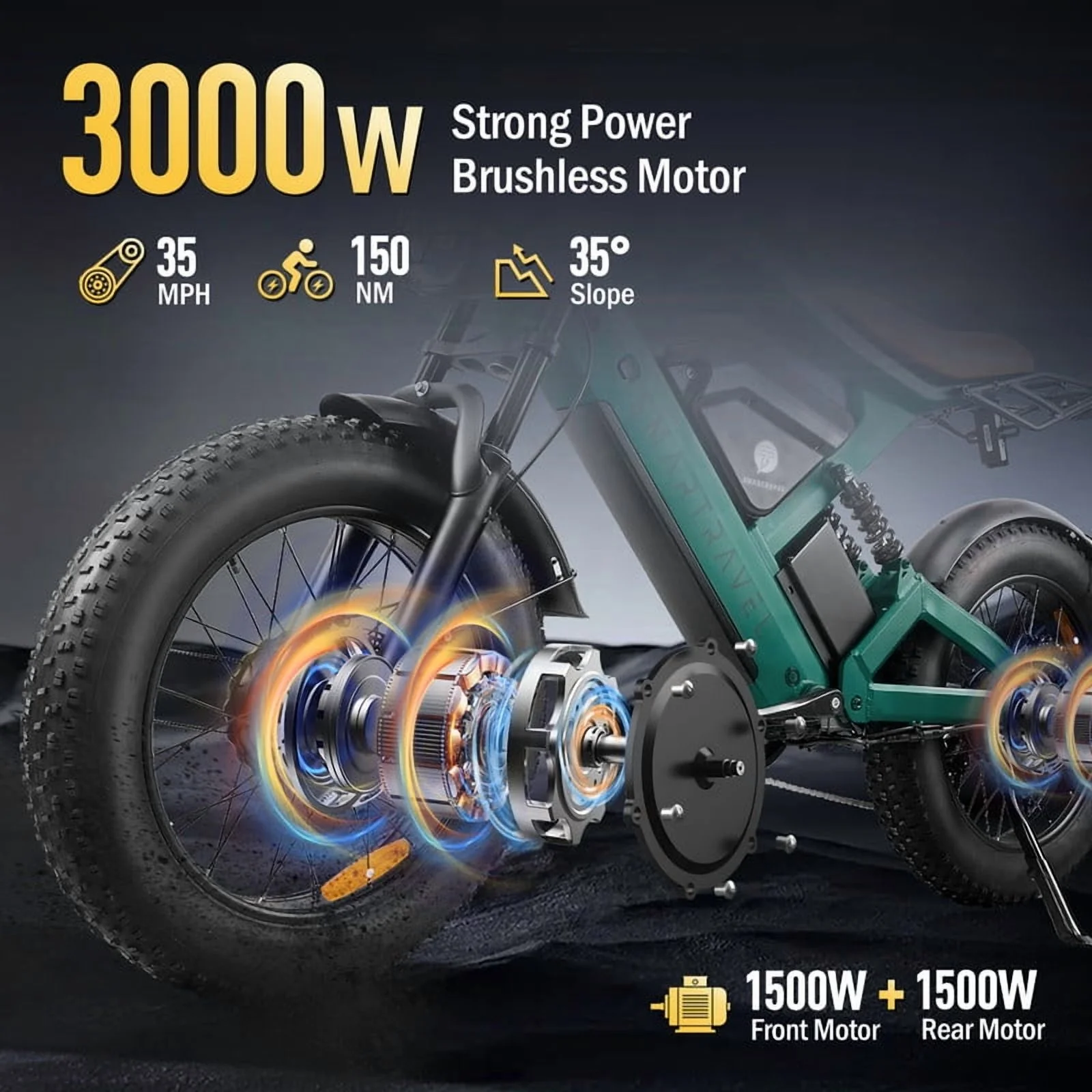 3000W(Peak) Motor 35MPH ST202 Electric Dirt Bike for Adults,52V50AH Dual Battery Ebike, 92+ Miles Range,20" Motorcycle Tire UL2849 Certified, Full Suspension(ZM22 2000W Green) - Image 9