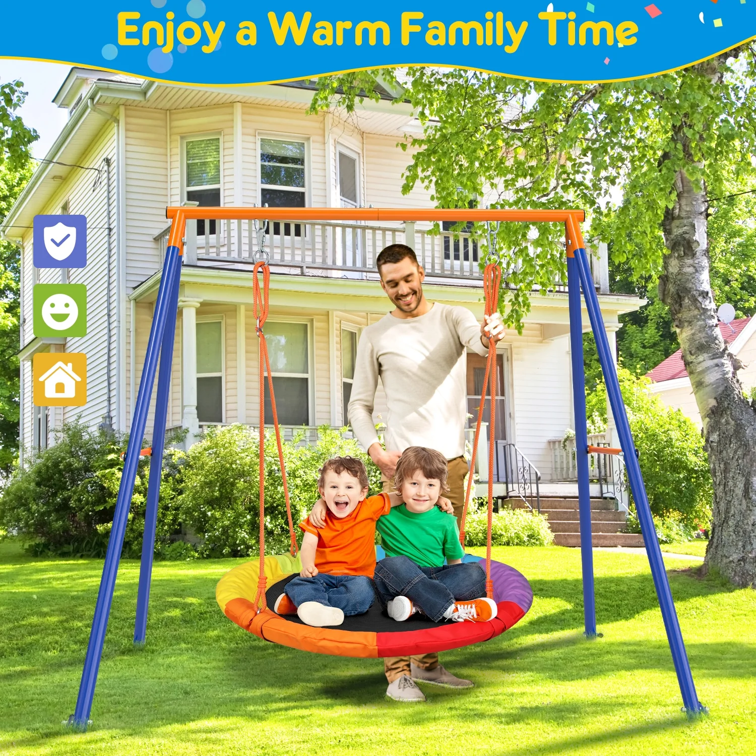 Swing Sets for Outside 440lbs Swing Set for 2-3 Kids Outdoor with Heavy-Duty Metal Frame Adjustable Ropes Round Swing, Rainbow(One Size) - Image 2