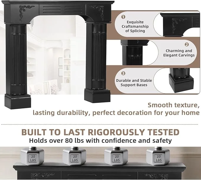 43.3" Fireplace Mantel, Freestanding Fireplace Surround with Leg for Electric Fireplaces, MDF Mantel Surround with Shelf for Living Room with Decorative Pattern, Anti-Tipping Waterproof - Image 5