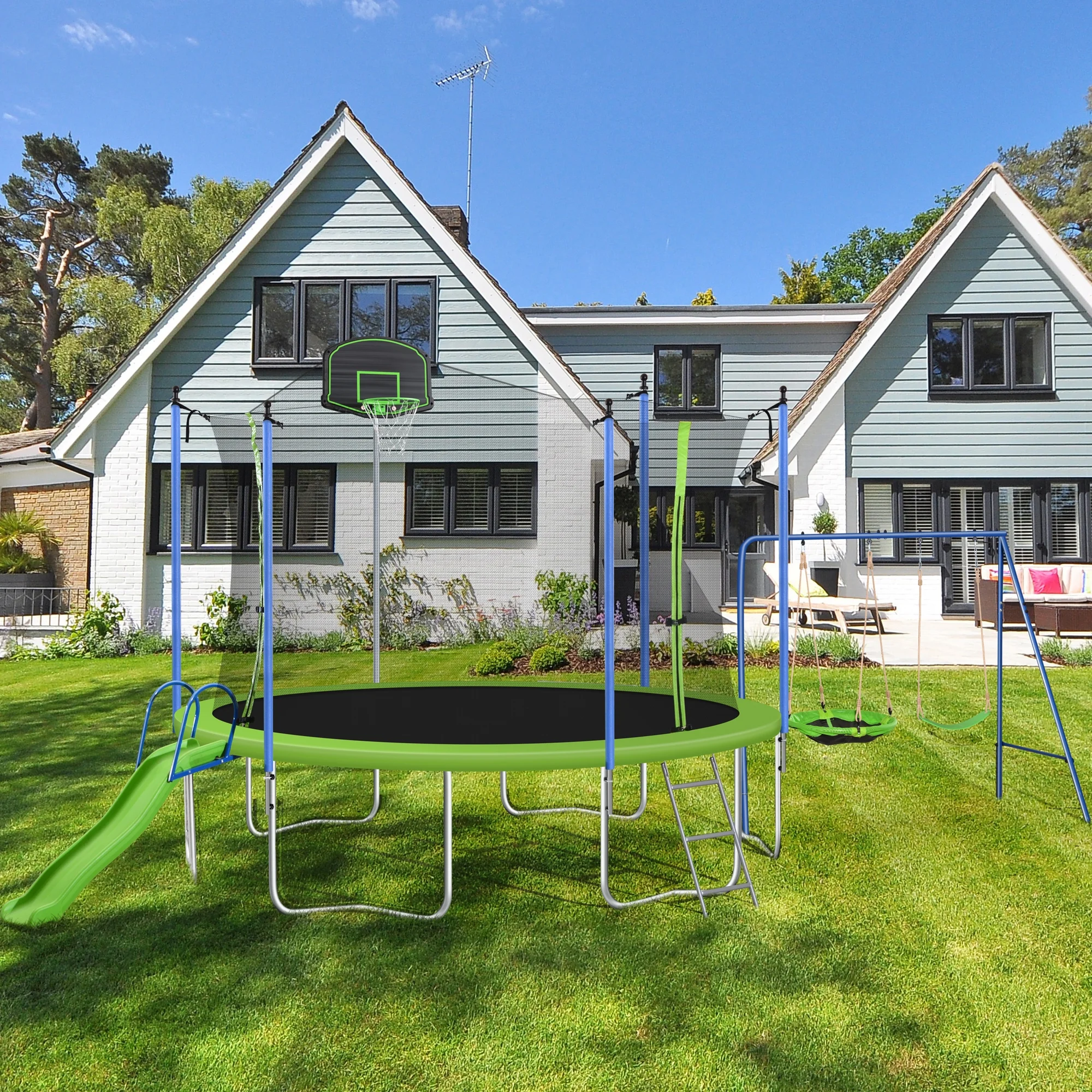 14-Feet Round Trampoline with Swing Slide Basketball Hoop, Outdoor Exercise Jumping Bouncer Trampoline with Safety Enclosure Net and Ladder for Kids Teens Adults, Green(14') - Image 2