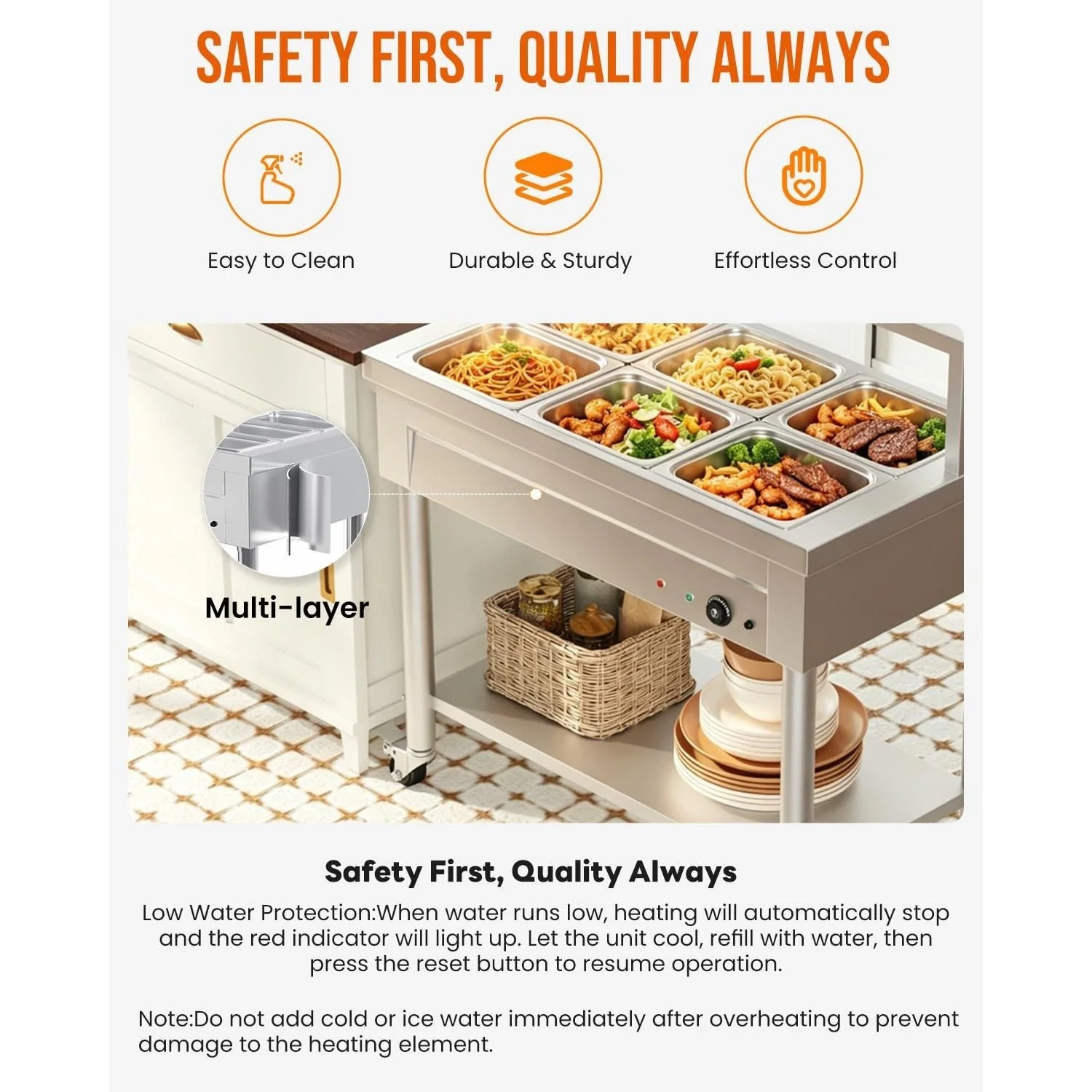 AECOJOY Commercial Food Warmer 1500W Electric Steam Table with 6x10QT Pans & Shelf