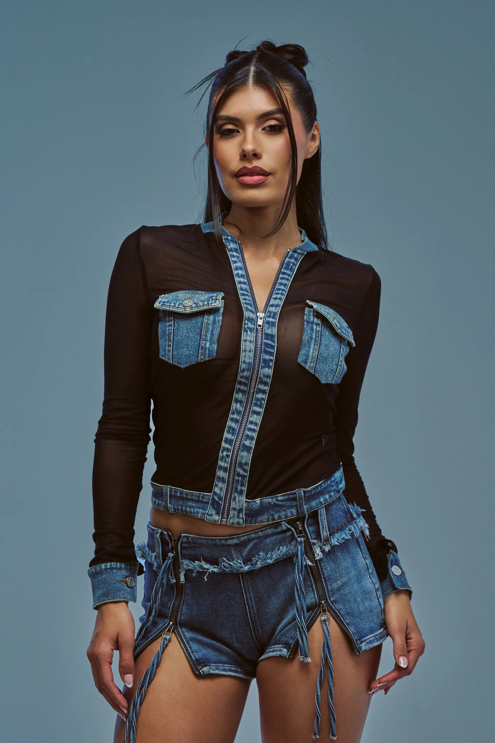 DENIM TRIM MESH ZIP UP TOP - Akira Store