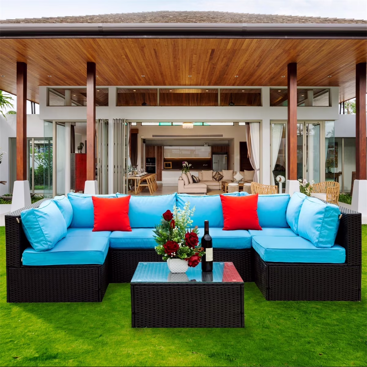 7 Piece Patio Furniture Sets Outdoor Sectional PE Rattan Outdoor Furniture Patio Conversation Set with Cushions and Glass Coffee Table, for Balcony Lawn and Garden, Gray(7pcs#Gray) - Image 7