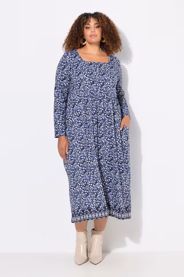 Floral Square Neck Long Sleeve Matte Jersey Dress