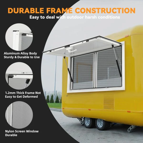 Fenêtre de service pour camion-restaurant en alliage d'aluminium 36 po x 36 po avec moustiquaires coulissantes et porte à auvent, levage hydraulique, mécanisme de verrouillage, polyvalente pour la restauration.