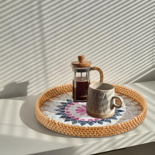 Rattan Round Tray For Table Decor 11.81 Inch, Hand Woven Coffee Table Serving Tray Wicker Serving Basket With Mother Of Pearl Inlay,Round