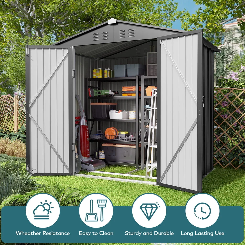 8 x 6 FT Outdoor Storage Shed on Clearance with Metal Base Frame and Double Lockable Doors for Garden, Patio Gray(6' x 4'/Brown) Image 7