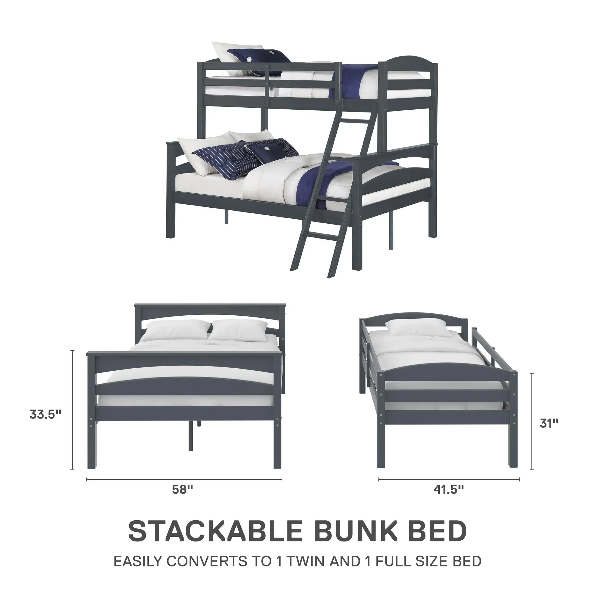 Better Homes & Gardens Leighton Kids' Convertible Twin-Over-Full Bunk Bed, Gray