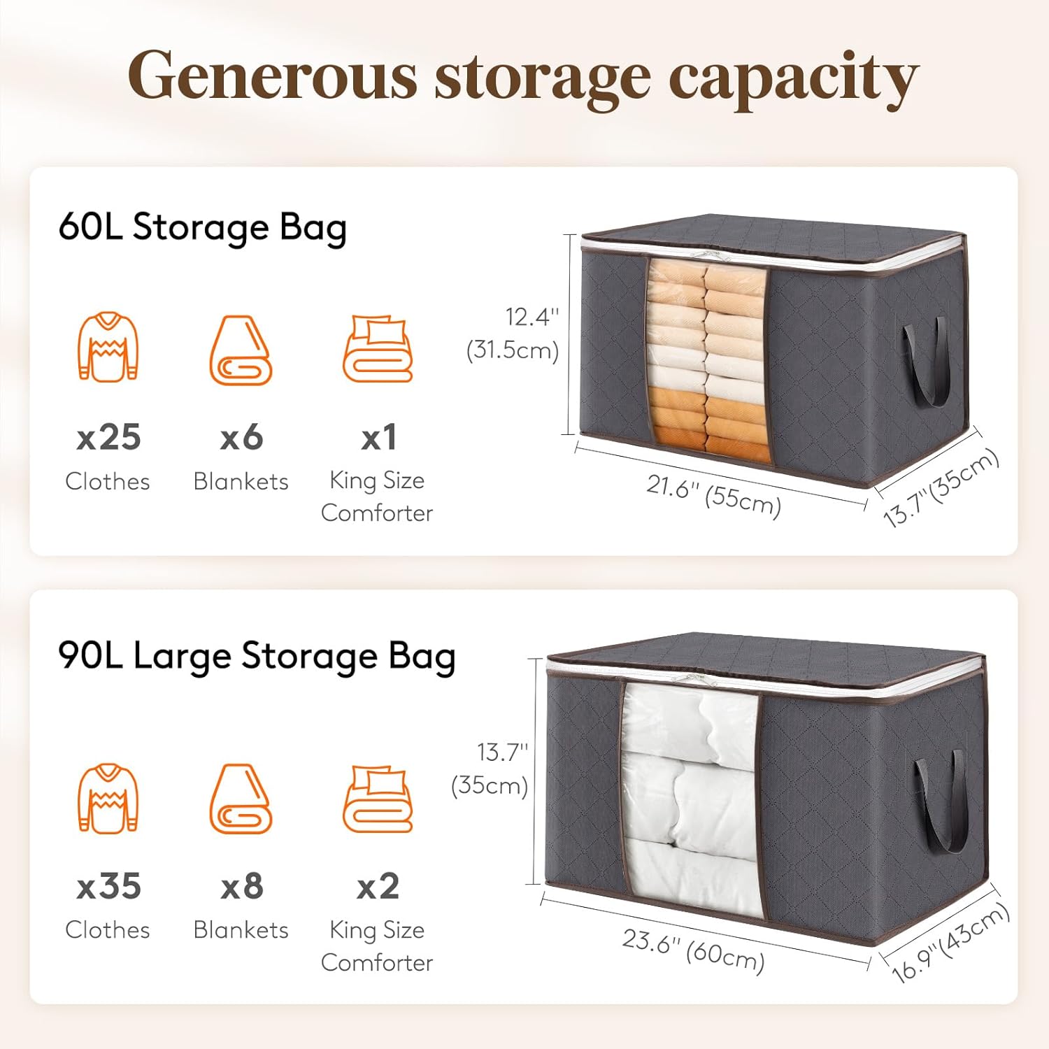 Lifewit 6 Pack Clothes Storage Bins with Lids, Foldable Blanket Storage Bags with Zippers, Clear Window and Reinforced Handles, Closet and Organization for Clothing, Sweaters, Comforters, Bedding