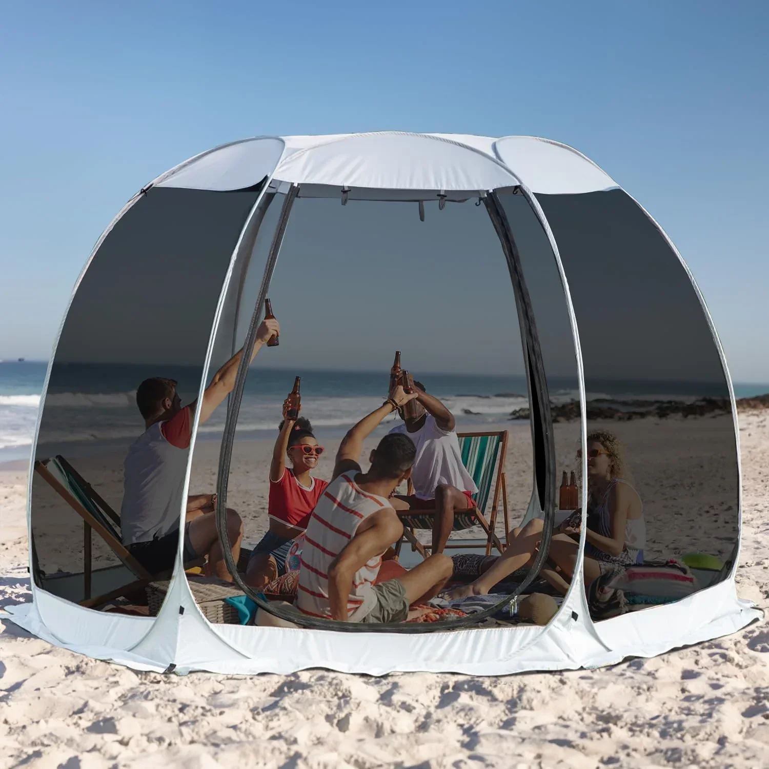 Gazebo moustiquaire pouvant accueillir 6, 10 ou 15 personnes. Tente de style igloo avec moustiquaire latérale. Idéal