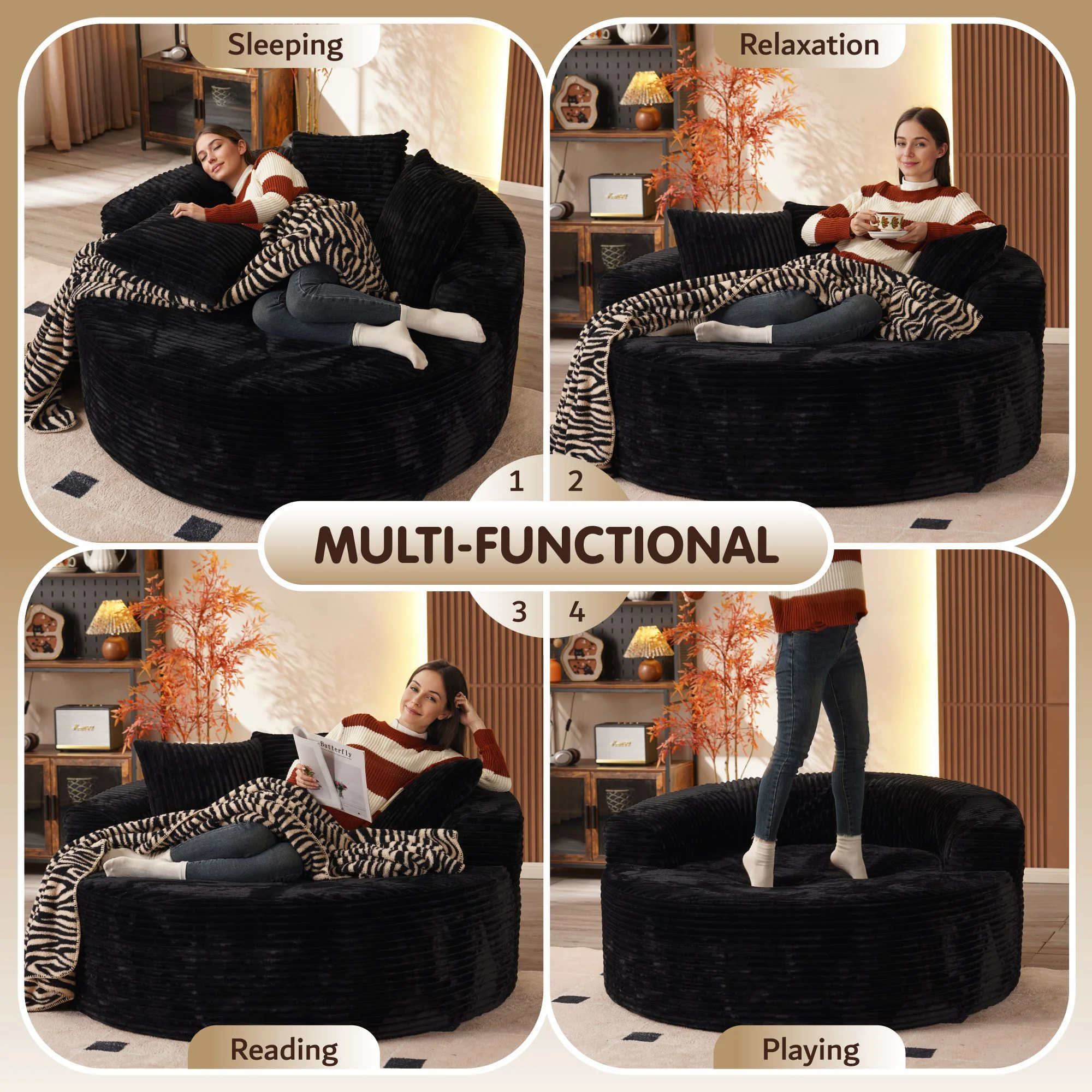 58'' Oversized Chaise Lounge Indoor Chair Modern Cloud Floor Sofa Bed Comfy Upholstered Sleeper Couch Deep Seat Accent Reading Chair for Living Room, Bedroom, No Assembly, Black(Plush Corduroy)(Black (Plush Corduroy)) - Image 4