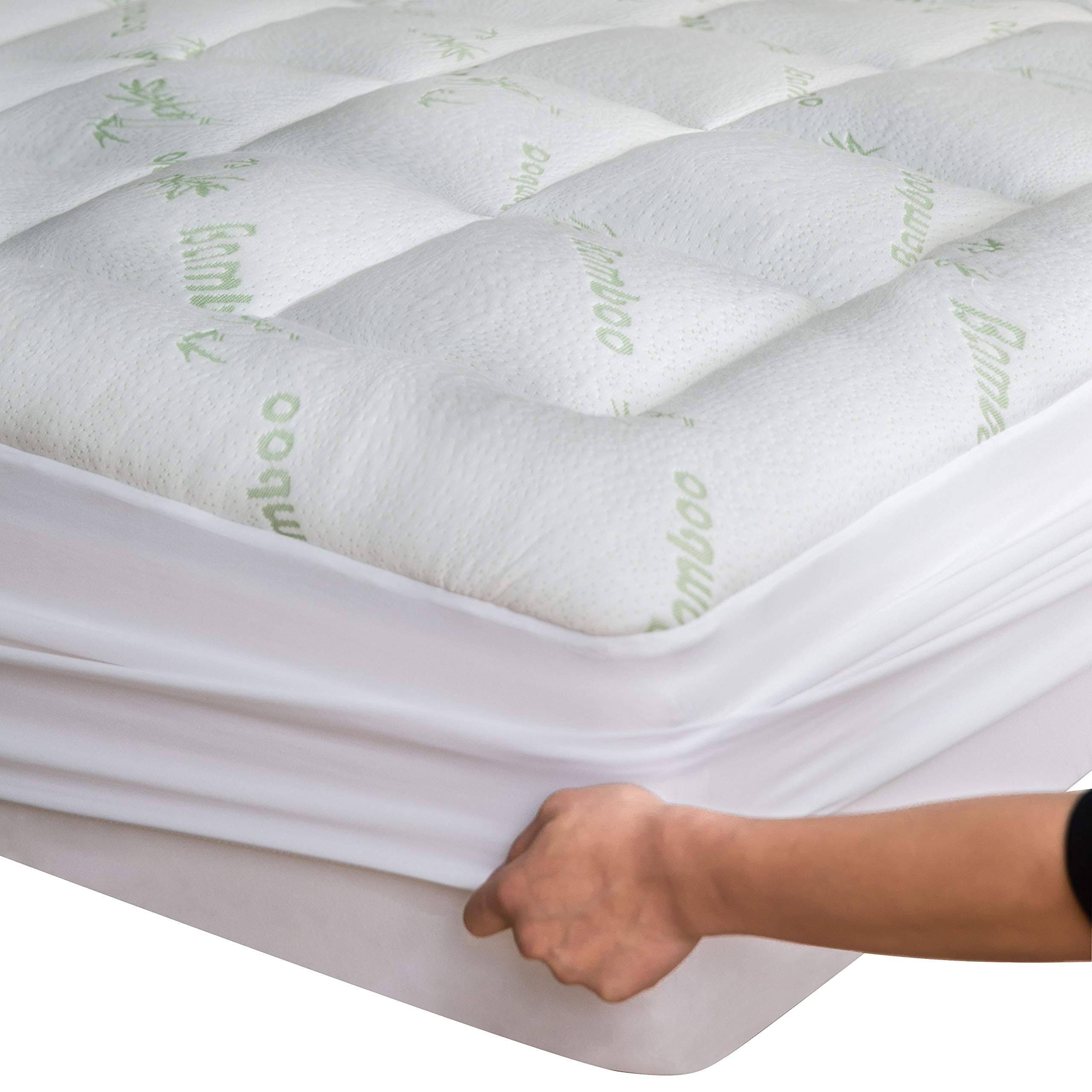Bamboo Mattress Topper Queen with 1 Pillow Protector Cooling Pillow Top Mattress Protector Cover Pad Fits 8-20 Inches Deep Mattresses Pad Breathable
