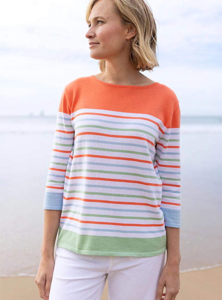 Pull femme rayé en coton orange melon