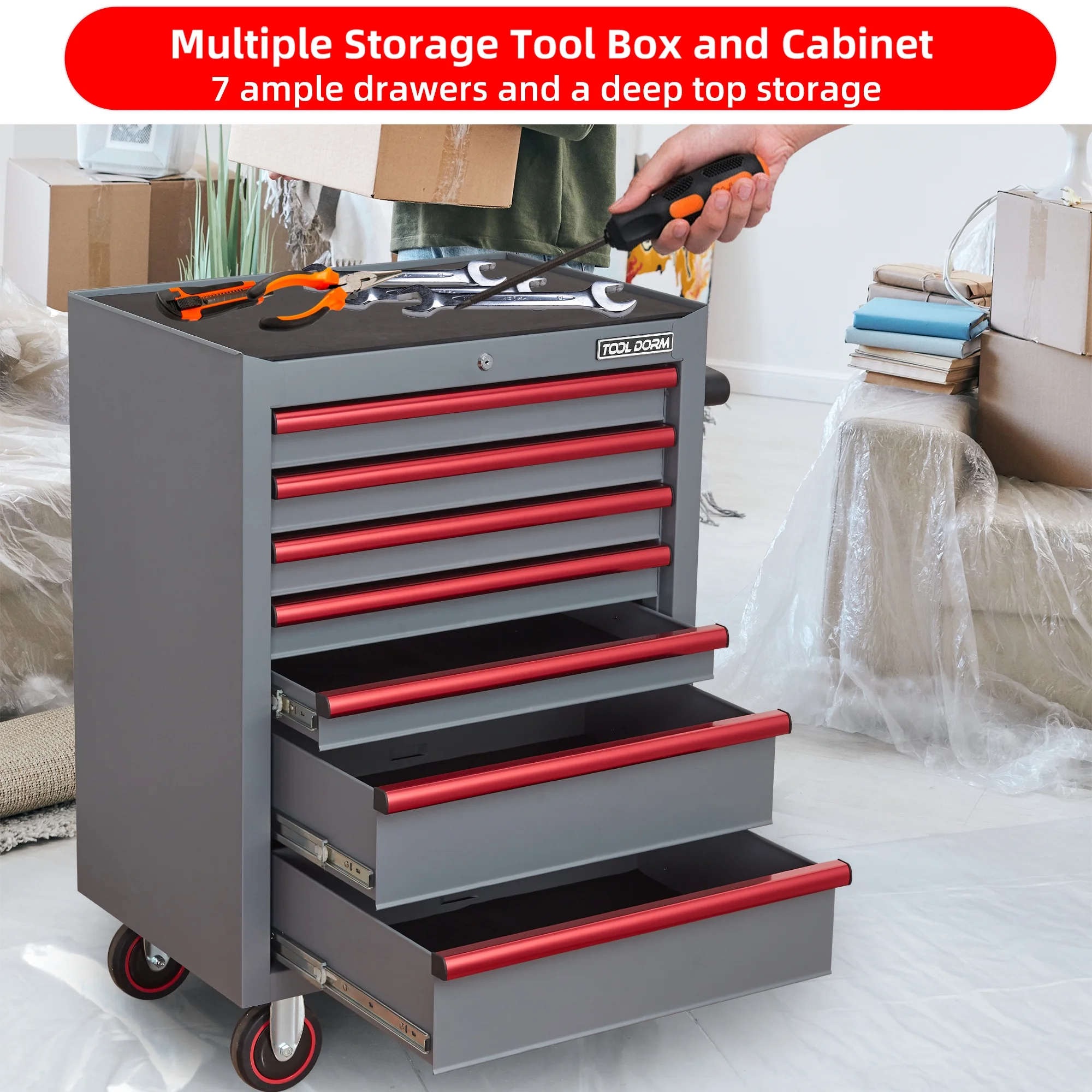 26.7inch Tool Cabinets Rolling Toolbox with 7 Drawers, Metal Tool Chest with Wheels, Gray Color, Tool Cart for Garage, Warehouse, Repair Shop, Workshop - Image 6