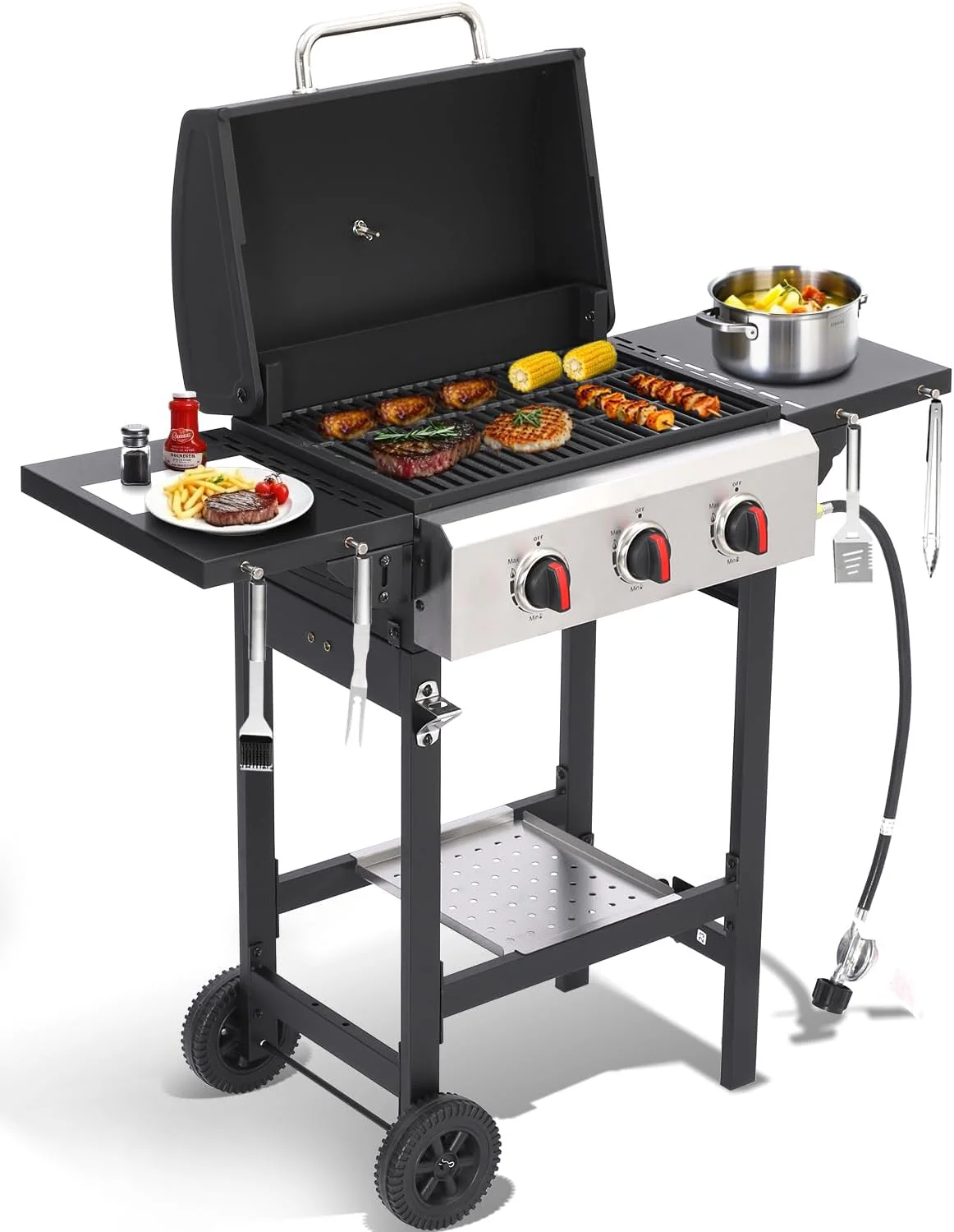 Barbecue à gaz propane avec tablettes latérales rabattables, 3 brûleurs, portable, pour l'extérieur