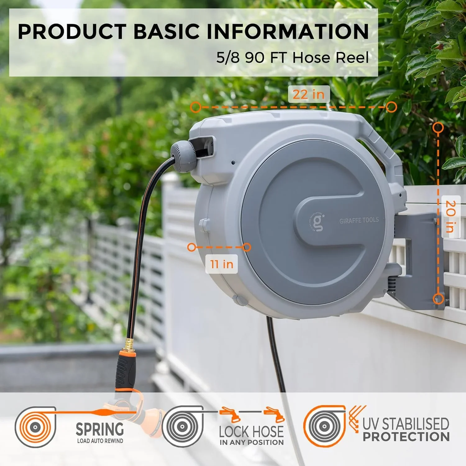 Giraffe Tools Retractable Garden Hose Reel with 1/2in-100ft Water Hose, Plastic Bracket, Wall Mounted, Dark Grey