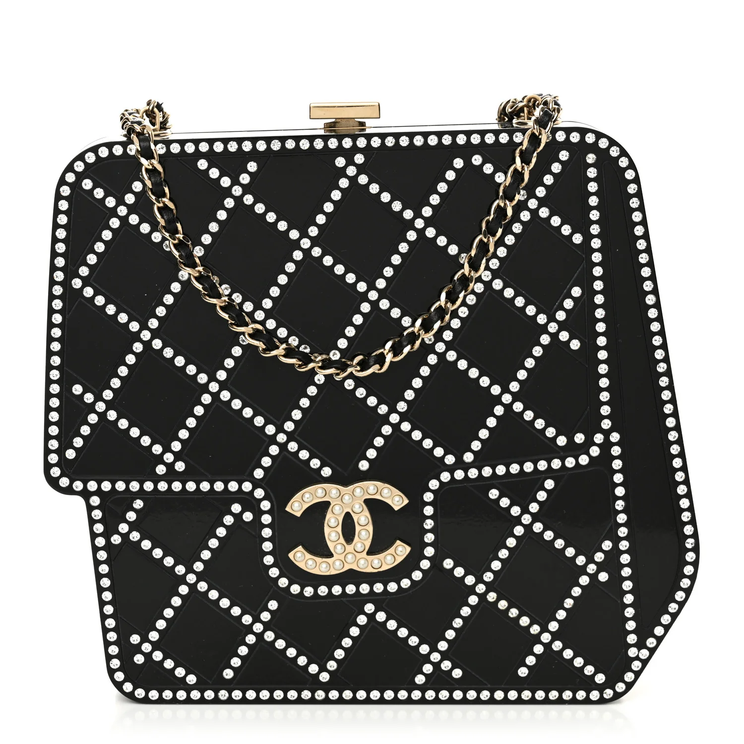 Plexiglass Crystal Quilted Minaudiere Clutch Black White