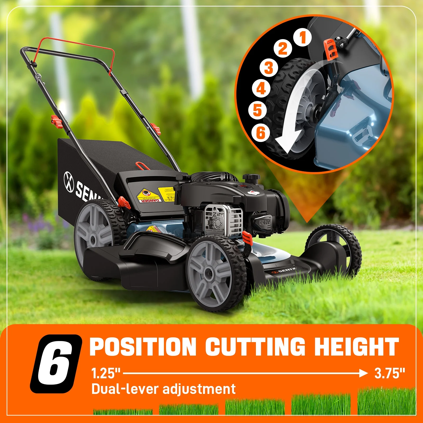 Gas Lawn Mower 21in Cutting Blade 22in Cutting Deck, 140cc 4-Cycle Made in USA Engine, 3-In-1, 6-Height Adjustment, 11" Rear Wheels, LSPG-M7(Mulch) - Image 7