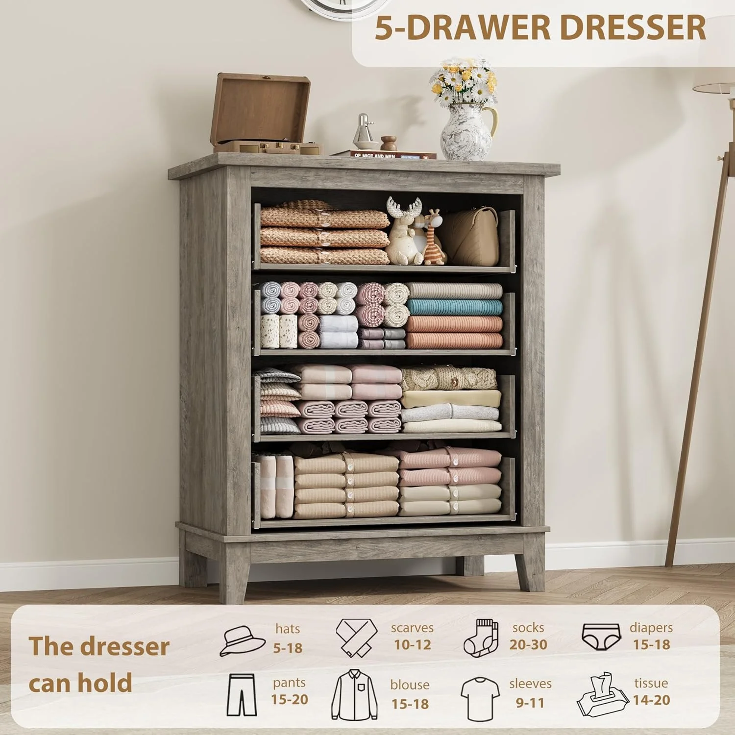 4 Drawer Dresser for Bedroom,34.8" Tall Bedroom Dresser with Large Drawer Black Handles,Wooden Storage Organizer Cabinet Chest of Drawer for Living Room,Hallway(Retro Gray) - Image 7
