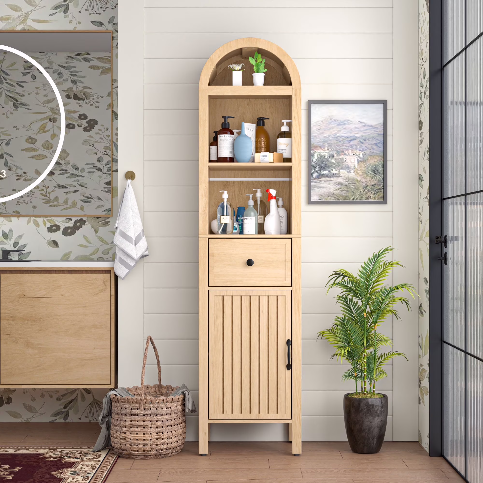 Bathroom Storage Cabinet Narrow Tall Cabinet Storage Tower with Door and Drawer(Walnut Color) - Image 3