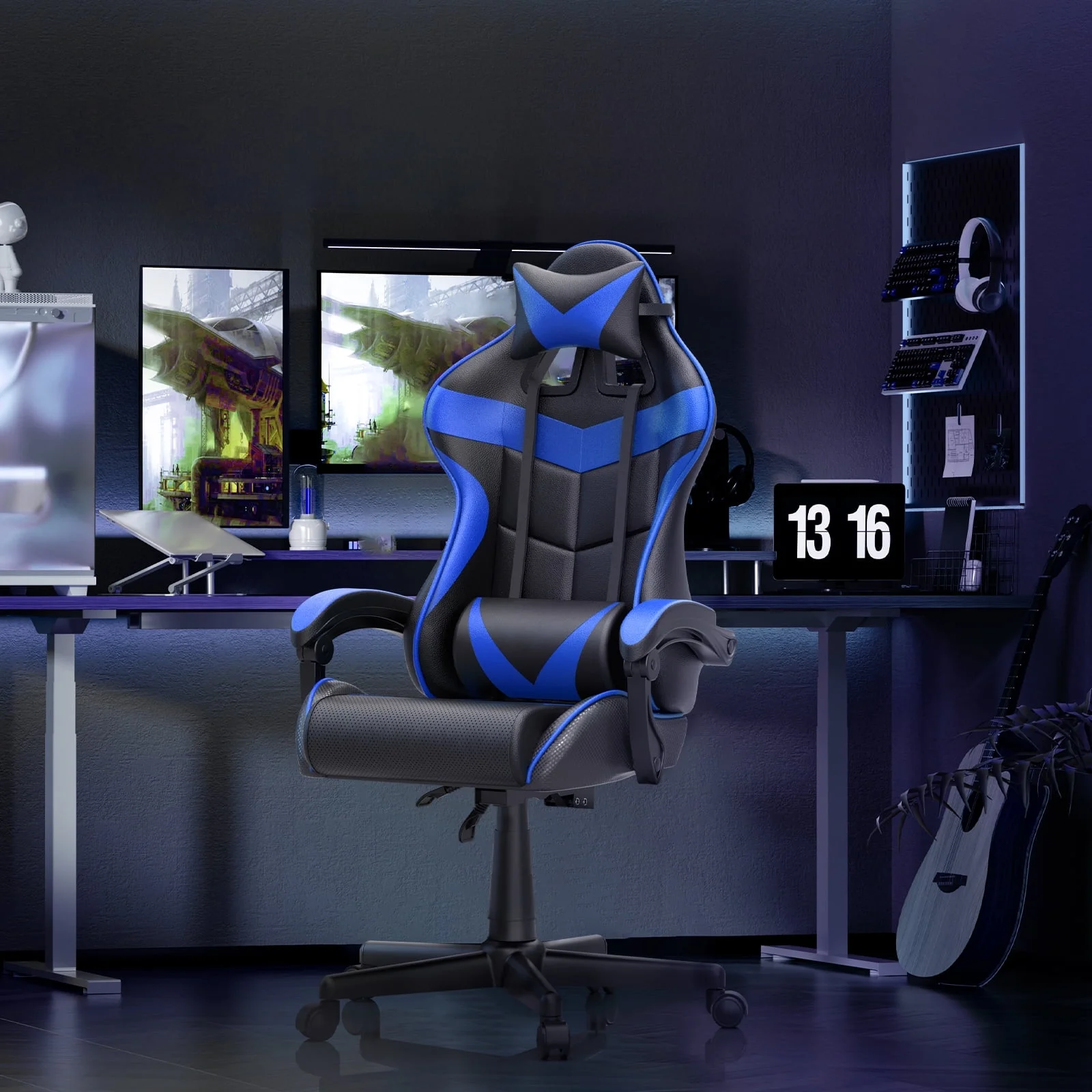 Gaming Chair with Massage, High Back Computer Gamer Chair for Adults and s, Ergonomic Game Chair with Adjustable Headrest and Lumbar Support (Blue)(��Z��Blue) - Image 2