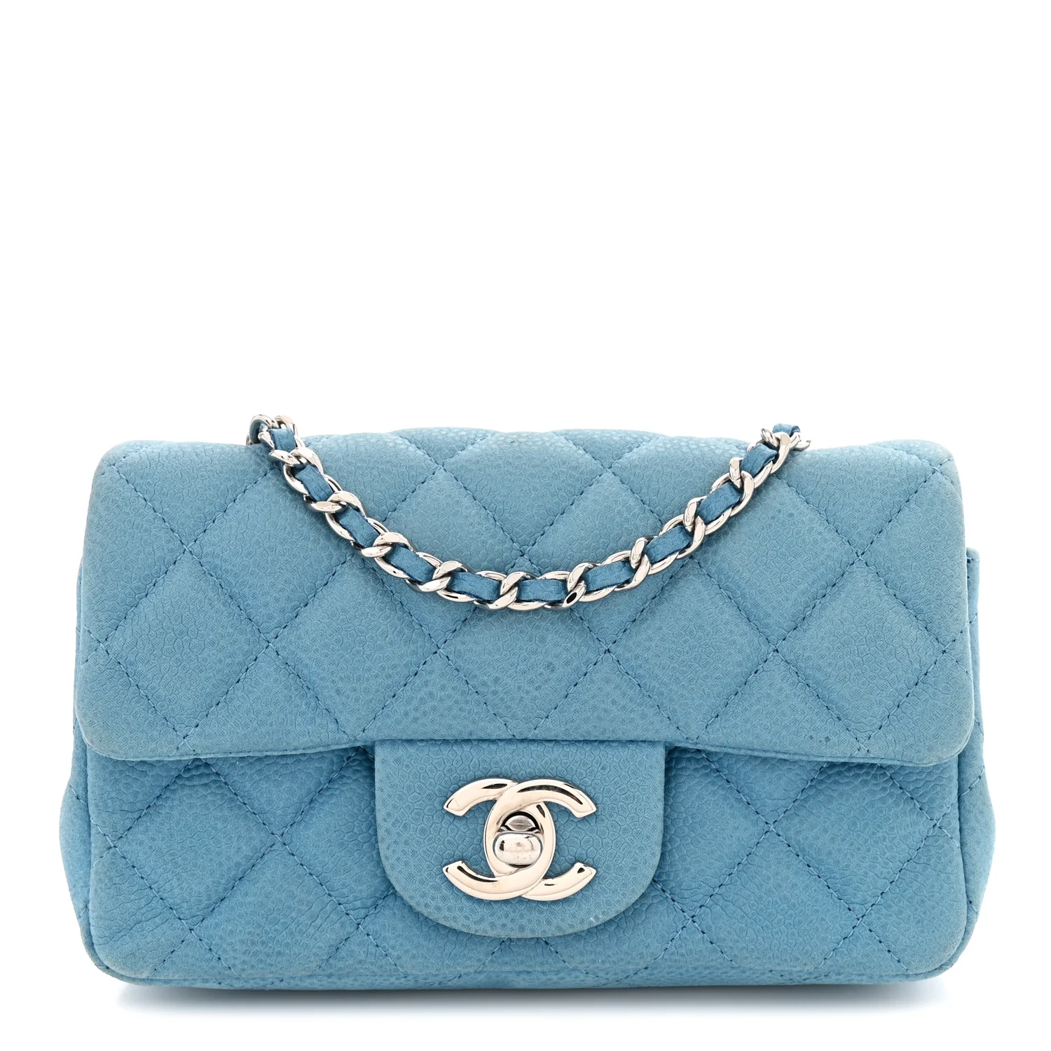 Iridescent Caviar Quilted Extra Mini Flap Light Blue