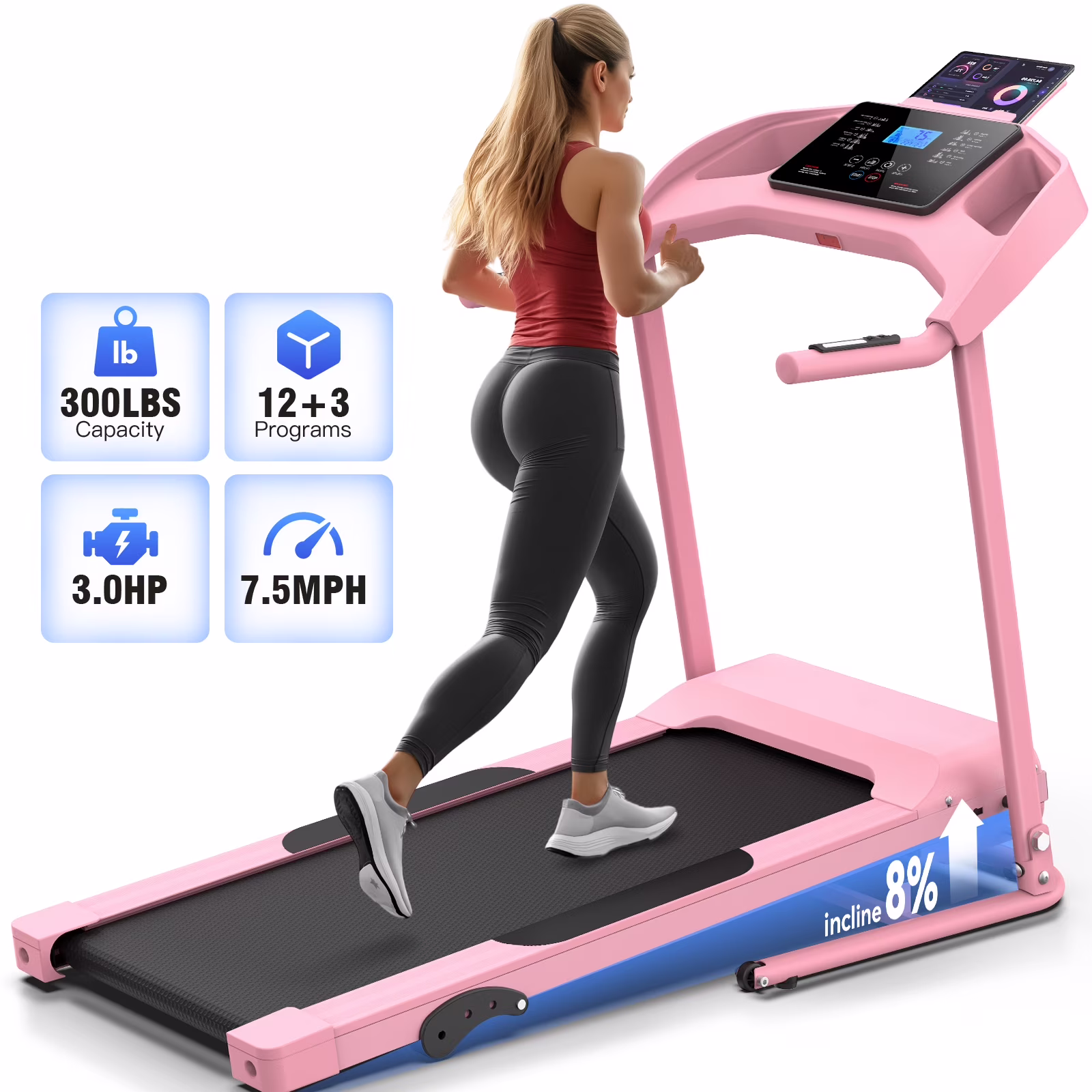 Treadmill with 8% Incline, 3.0 HP Foldable Compact Treadmill with Sit-up Function, 300 lbs Walking Running Treadmill with LCD Display for Exercise, 12 Programs(Pink-Upgraded) - Image 5