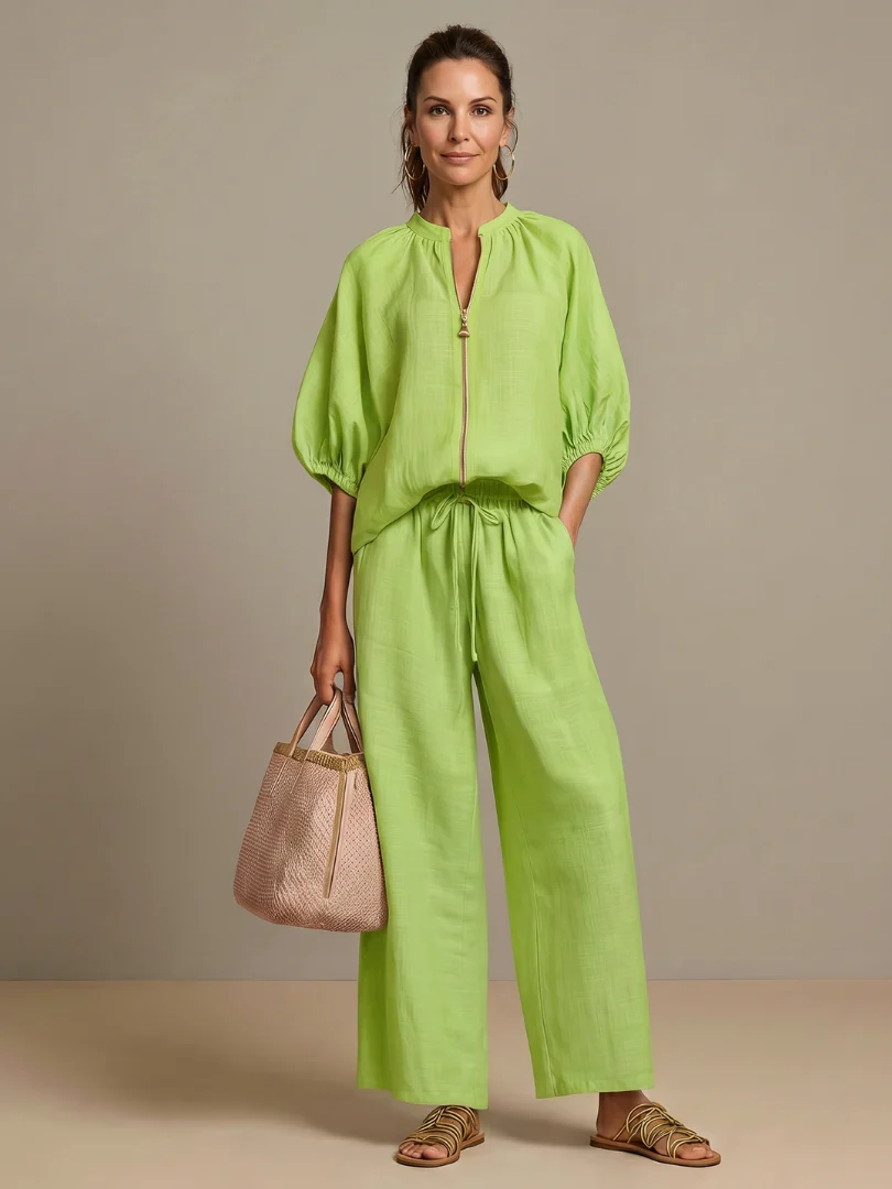 Ensemble blouse zippée et pantalon à jambes larges pour femme