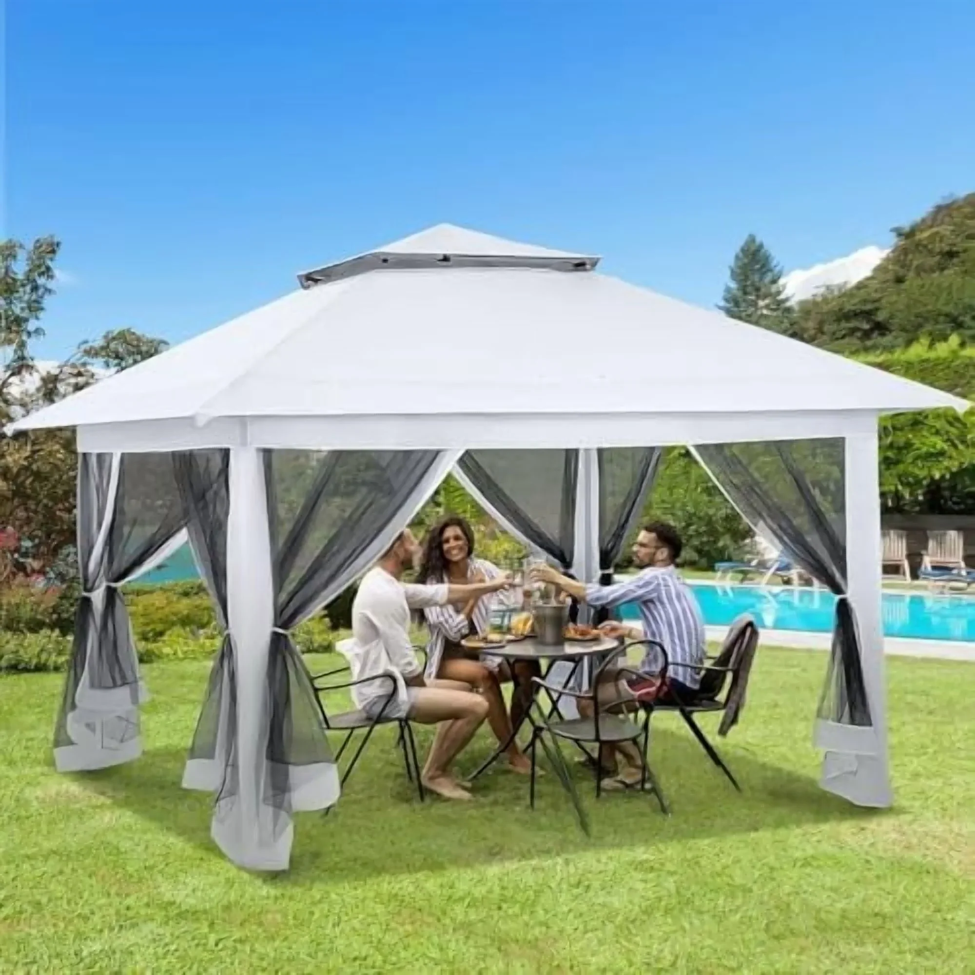 Pop Up Tent Canopy, Waterproof Canopy with Net and UV Resistant, Sidewalls Instant Shelter Canopy Tent with Carrying Roller Bag for Garden, Grill and Backyard (White)