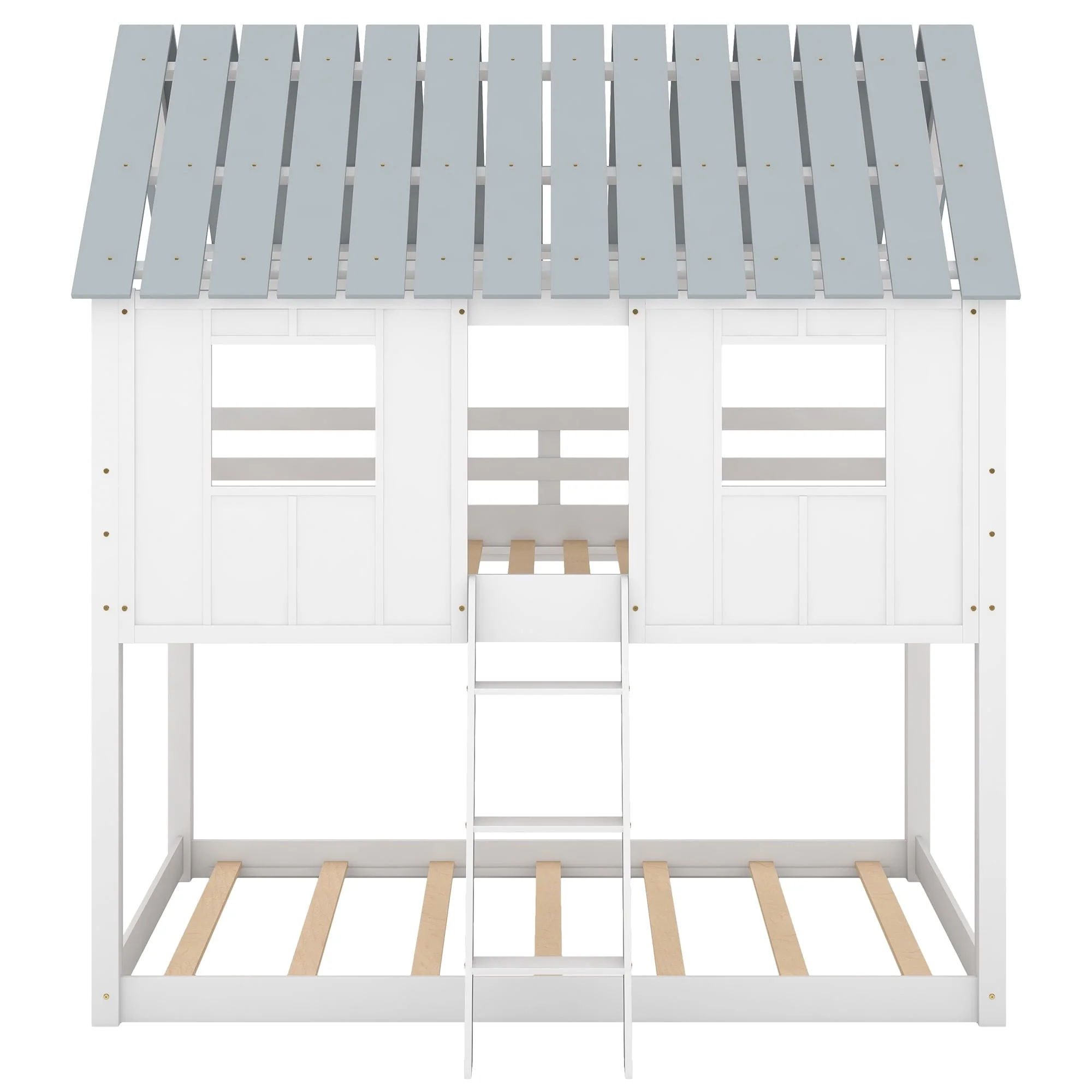 Twin over Twin Low Bunk Bed with Roof and Guardrail for Kids Room, White - Image 3