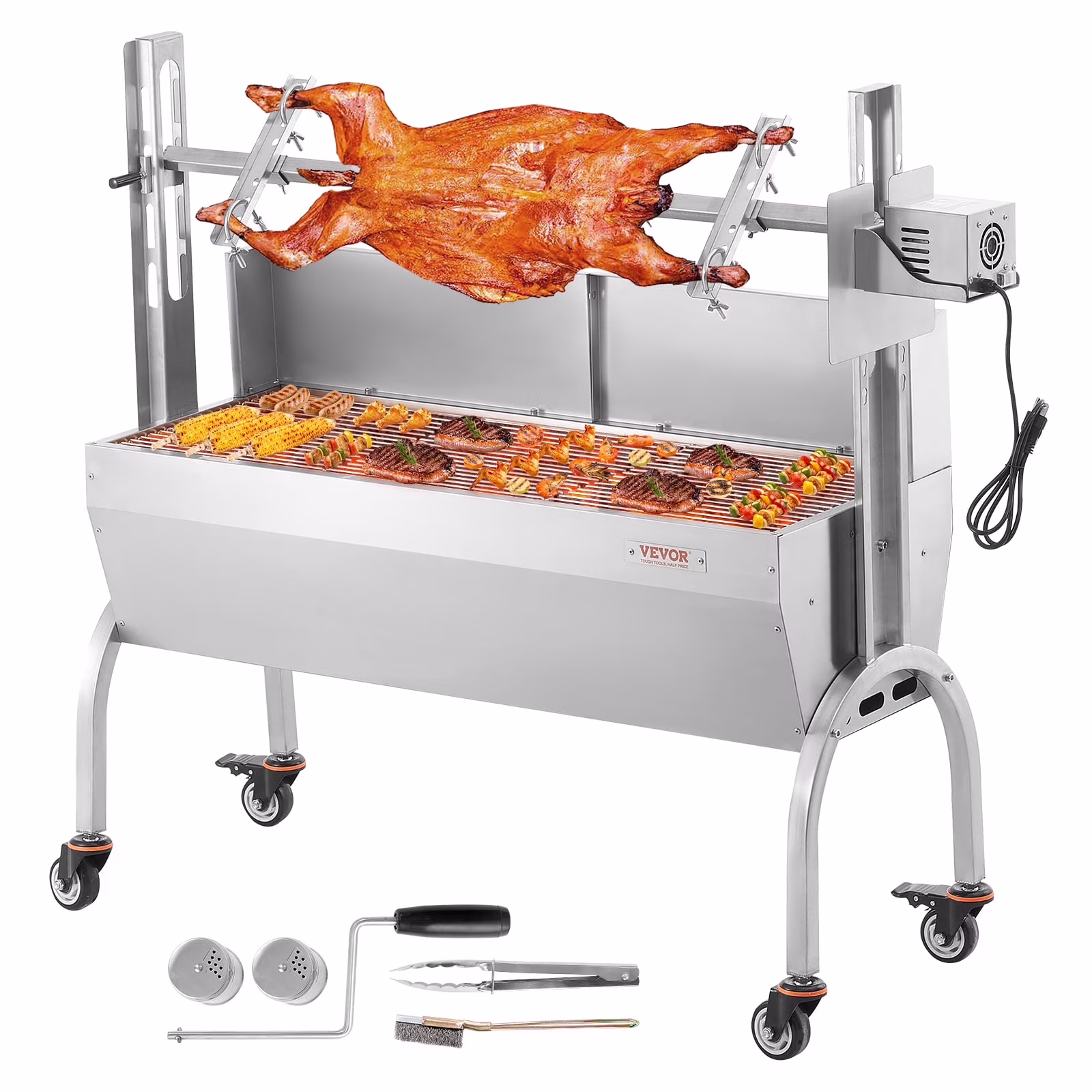 VEVOR Rotisserie Grill with Windscreen, BBQ Whole Pig Lamb Goat Charcoal Spit Grill, 46 in 132 lb Capacity, Electric 52W Motor Stainless Steel Roaster with Lockable Wheels, for Camping Outdoor