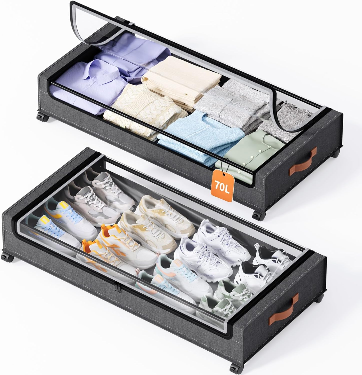 Yecaye 70L Under Bed Storage with Wheels, 2-Pack Large Capacity Under Bed Storage Containers, Underbed Shoe Storage Organizer, Rolling Under Bed Metal Drawers for Clothes, Blankets (35.5 x 17 x 6.7in)