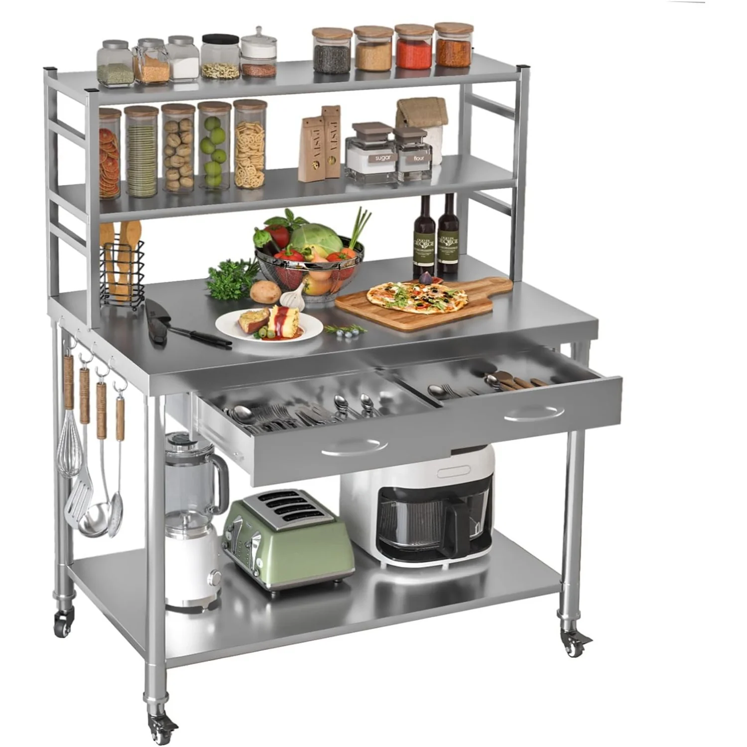 AECOJOY Stainless Steel Table with Shelves and Drawer 48